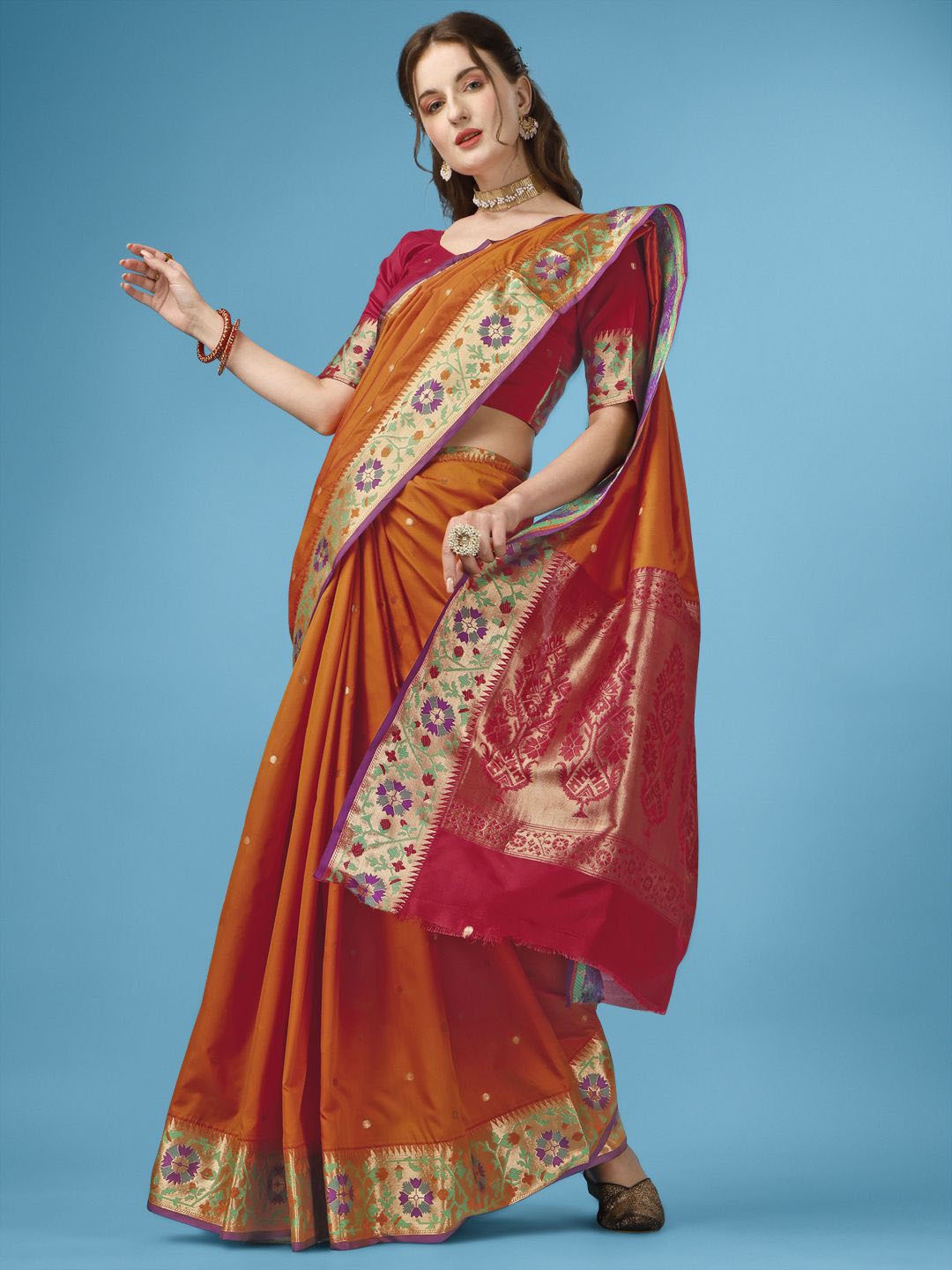 

MANOHARI Woven Design Zari Silk Blend Banarasi Saree, Yellow