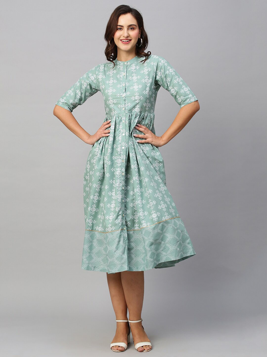 

KALINI Geometric Printed Pleated Cotton A-Line Midi Dress, Green