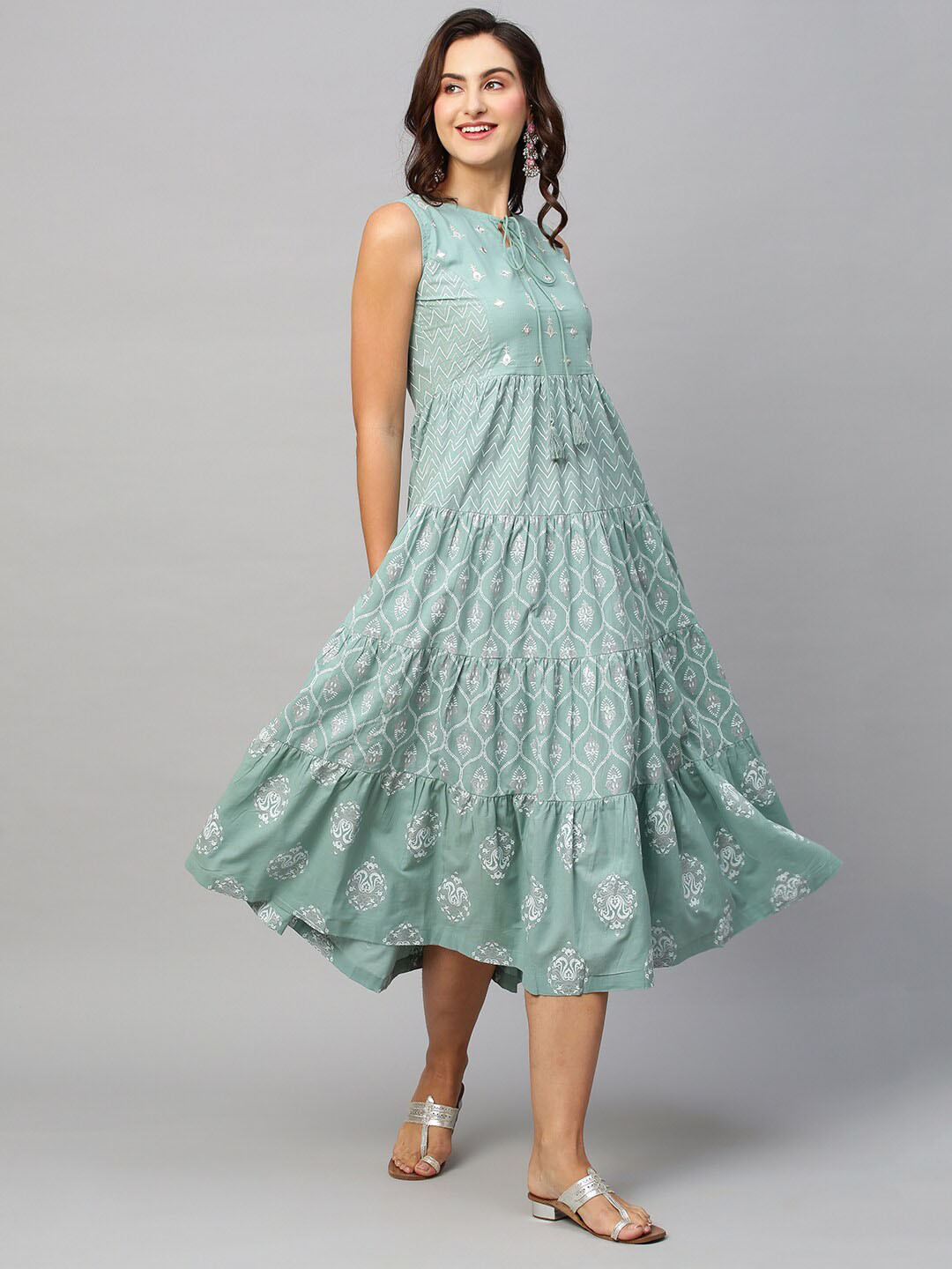 

KALINI Ethnic Motifs Printed Tiered Pure Cotton A-Line Midi Ethnic Dress, Sea green