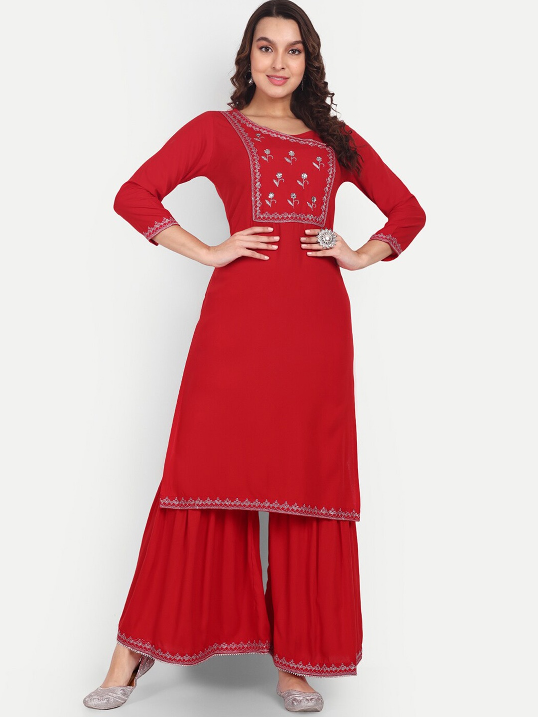 

Aarti Fashion Women Red Ethnic Motifs Embroidered Regular Kurta with Sharara
