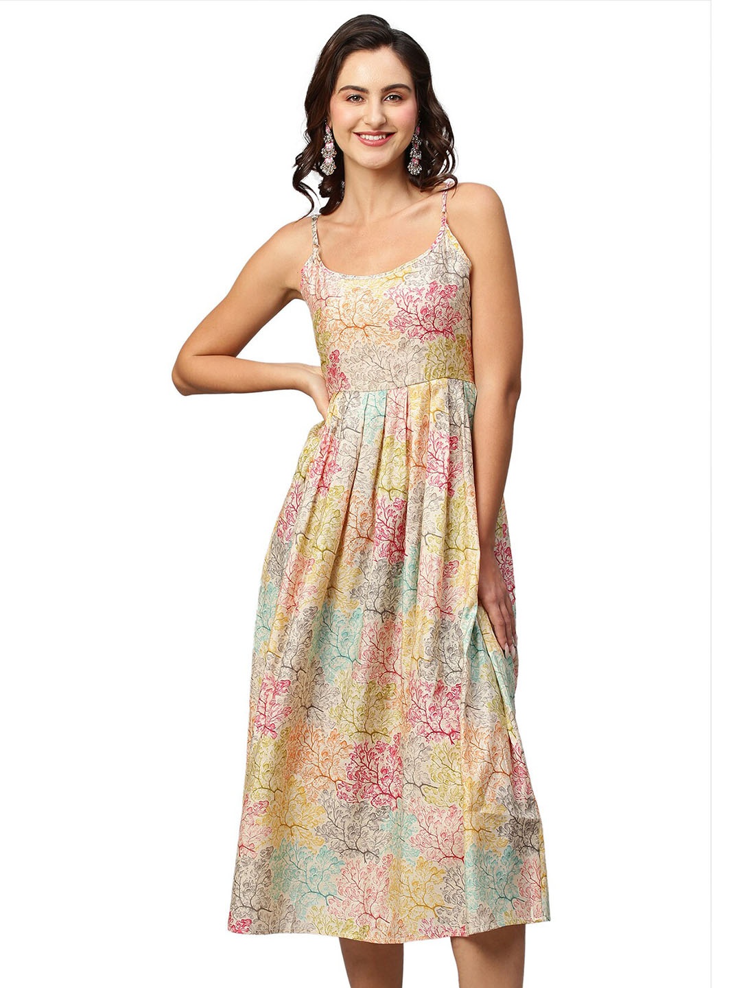 

Nimayaa Shoulder Straps Floral Printed Modal Fit & Flare Midi Dress, Beige