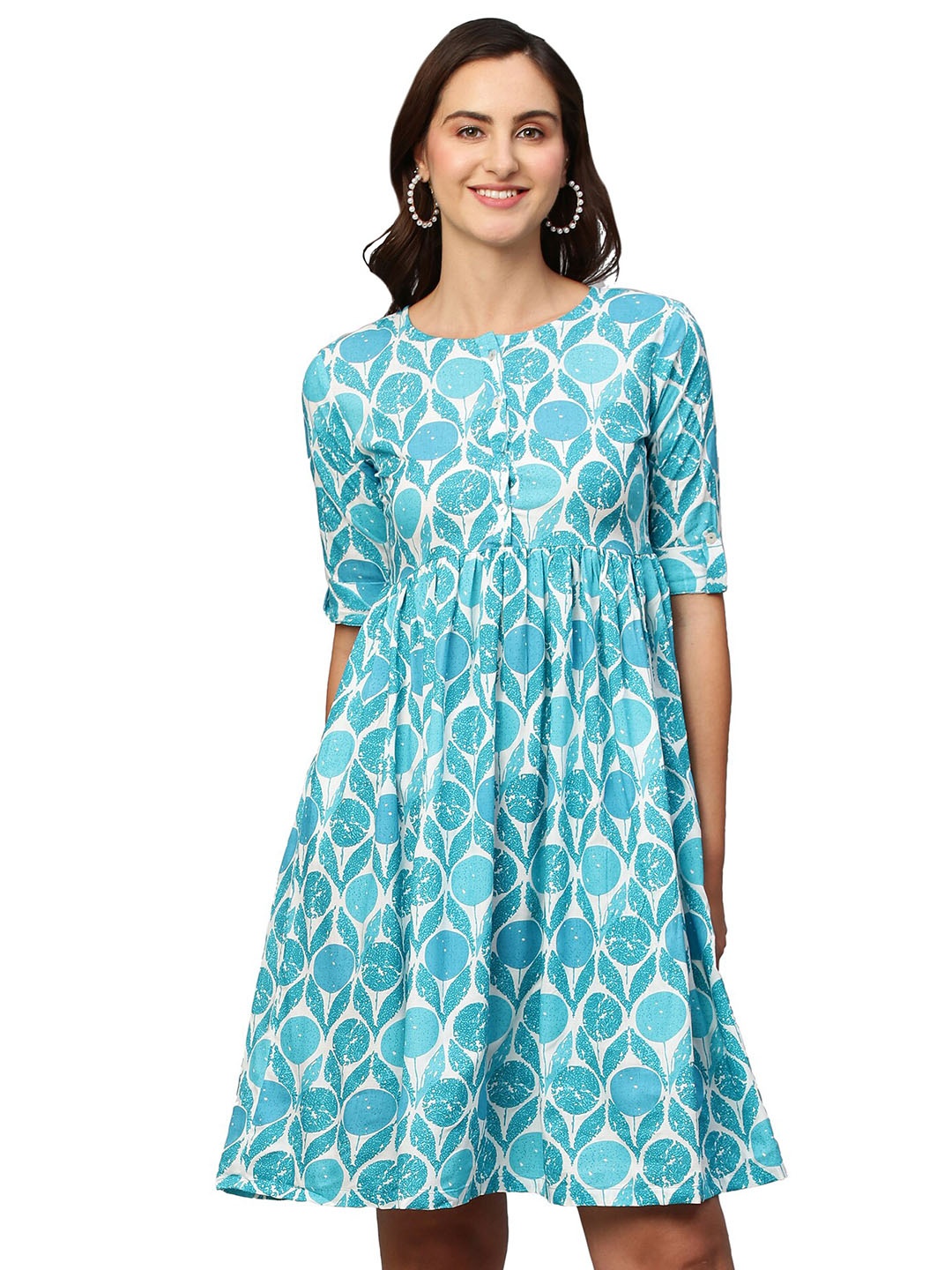 

Nimayaa Round Neck Floral Printed Cotton A-Line Dress, Blue