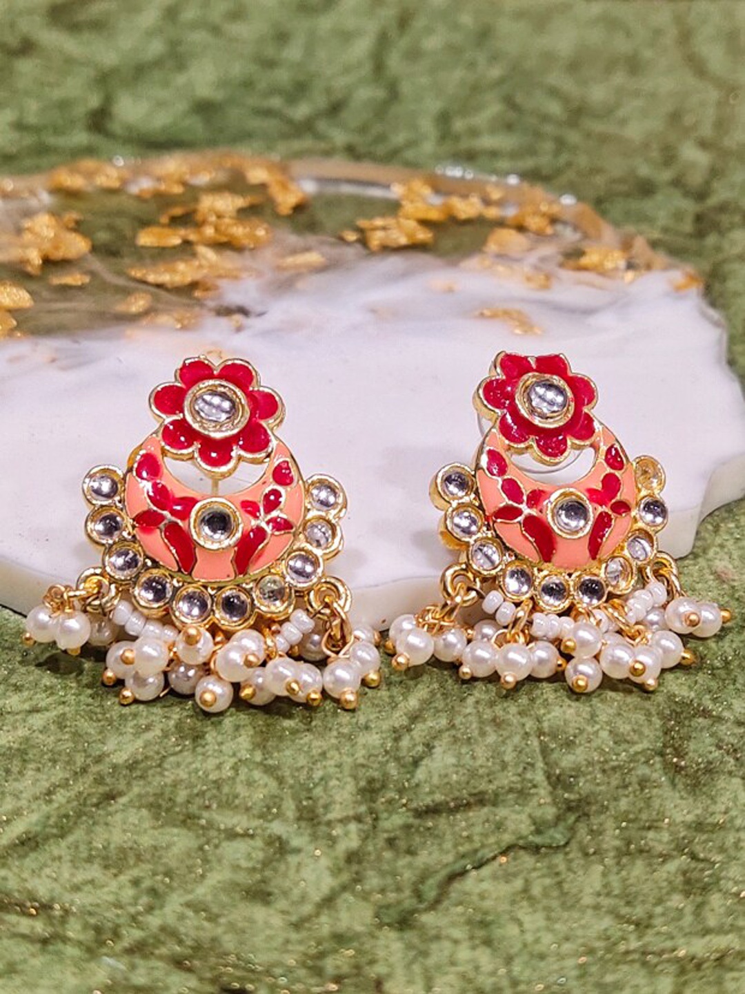 

FEMMIBELLA Gold-Plated Meenakari Beaded Floral Design Chandbalis Earrings