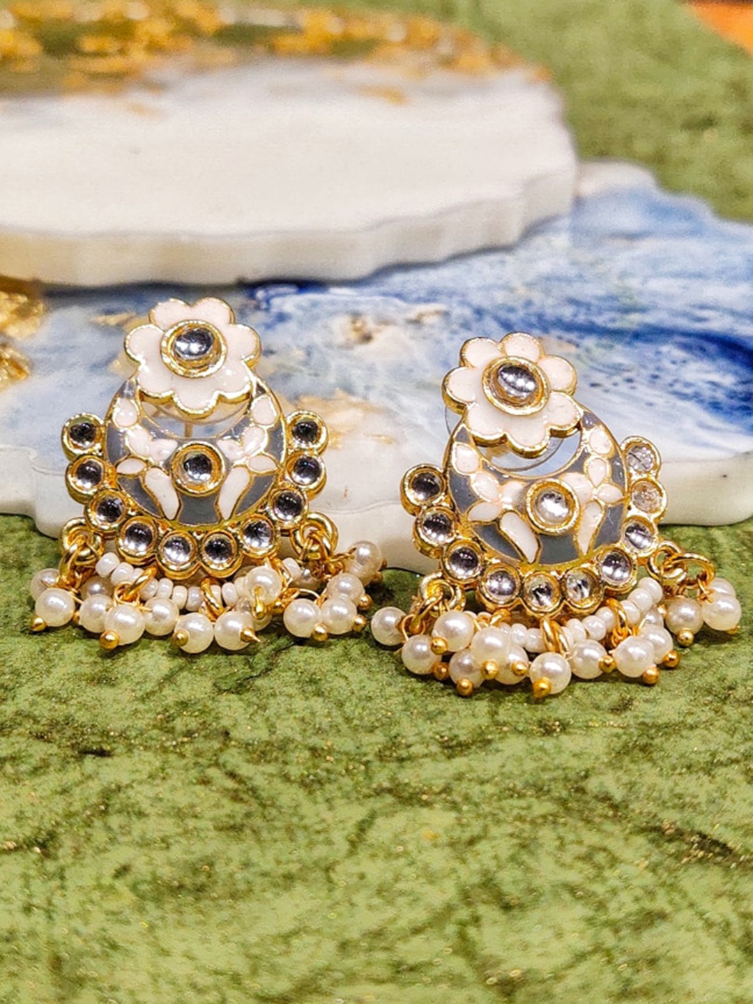

FEMMIBELLA Gold-Plated Meenakari Beaded Floral design Chandbali Earrings