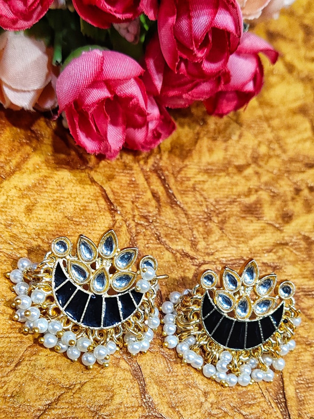 

FEMMIBELLA Gold-Plated Crescent Shaped Meenakari Beaded Chandbali Earrings