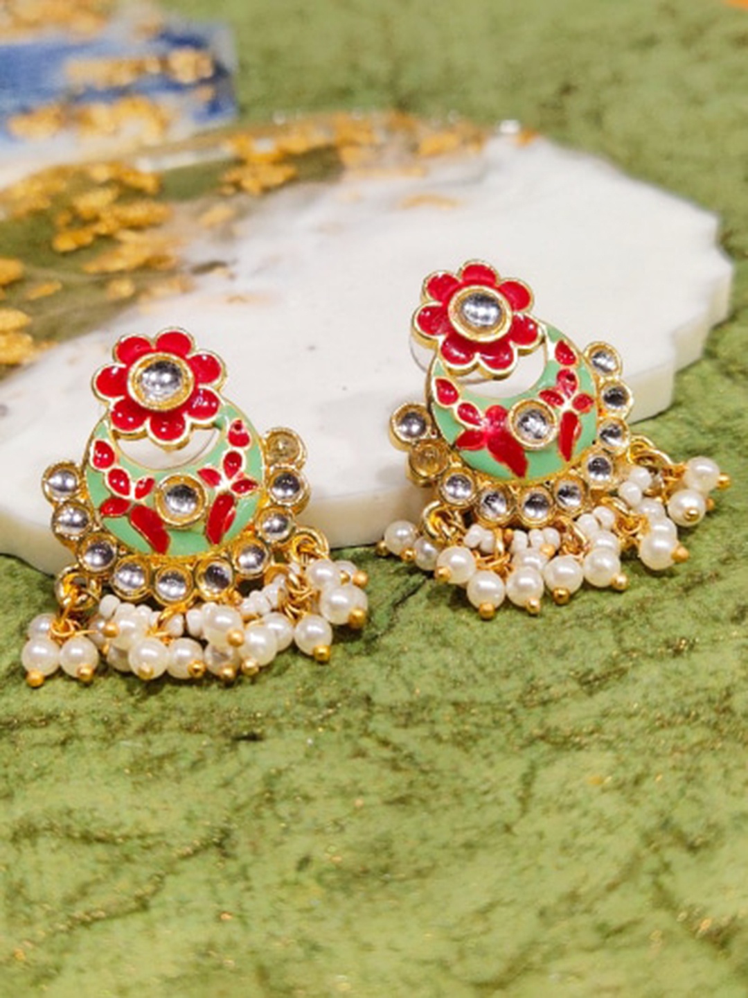 

FEMMIBELLA Gold-Plated Meenakari Beaded Floral Chandbalis Earrings