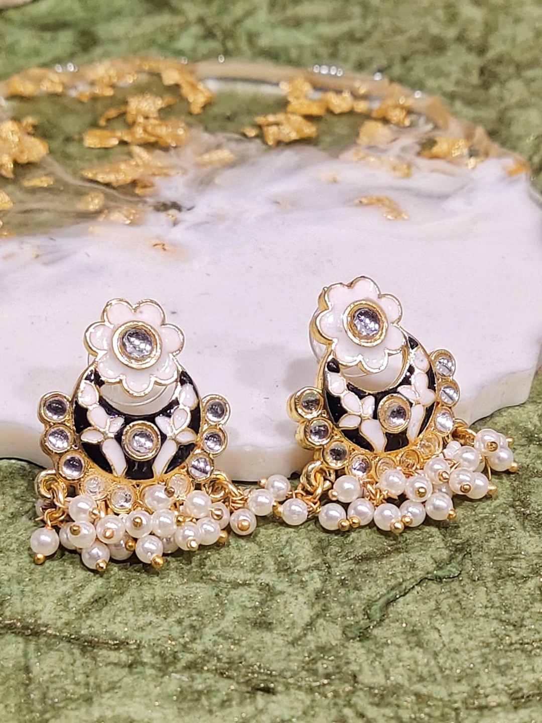 

FEMMIBELLA Gold-Plated Meenakari Beaded Floral Chandbali Earrings