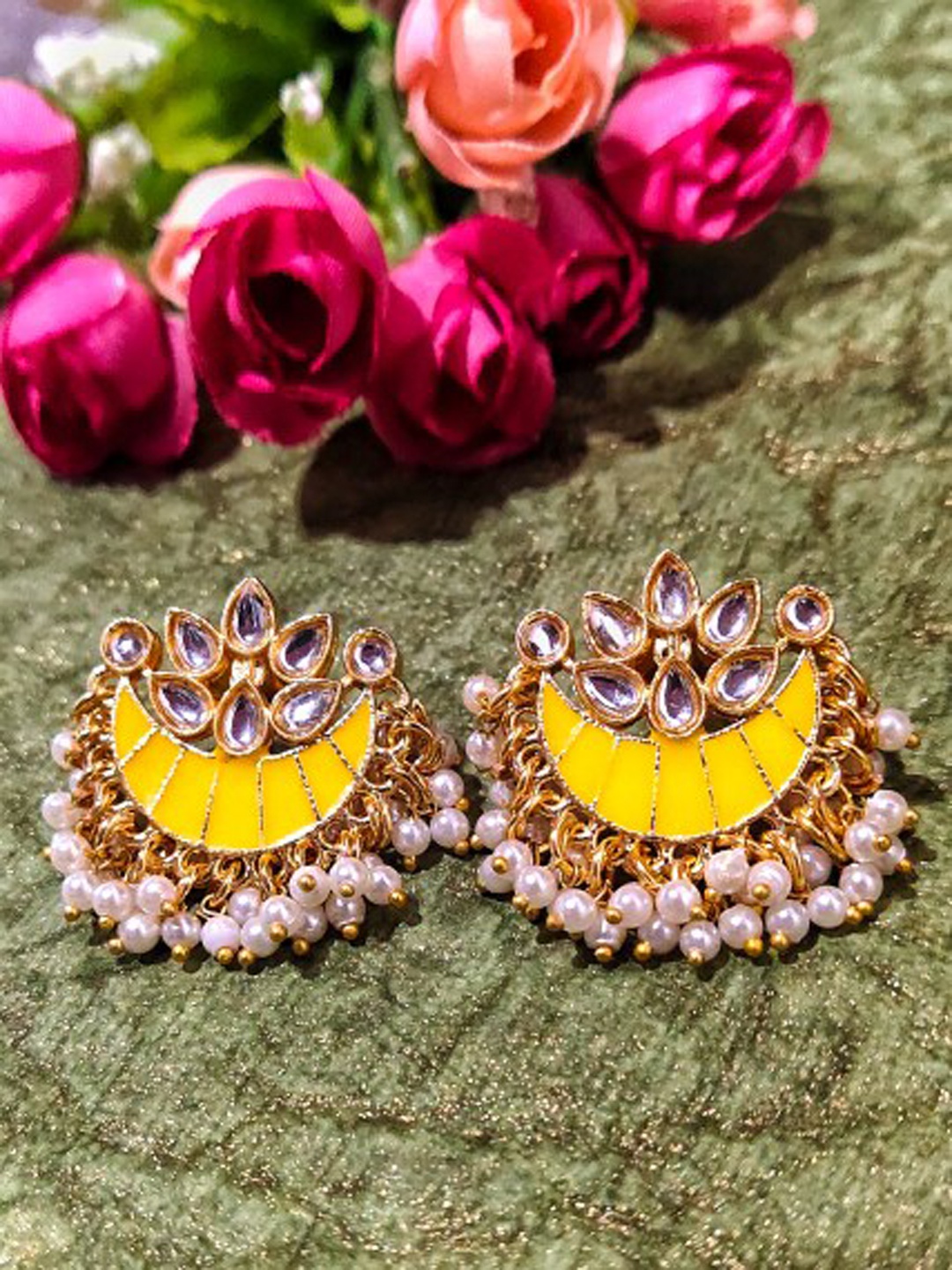 

FEMMIBELLA Gold-Plated Crescent Shaped Meenakari Beaded Chandbalis Earrings