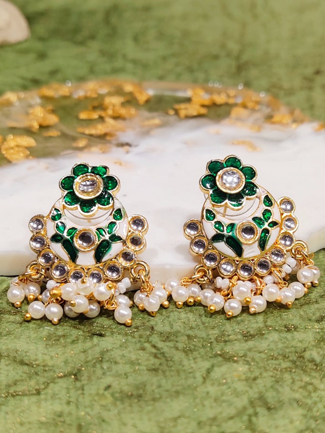 

FEMMIBELLA Gold-Plated Meenakari Beaded Floral Chandbali Earrings