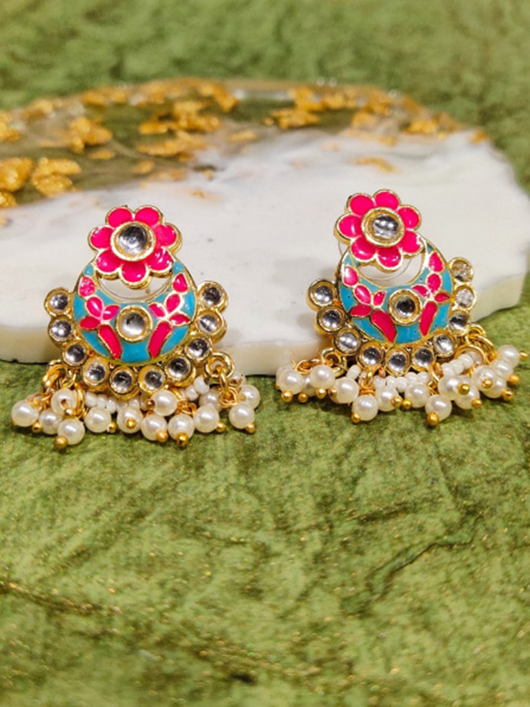 

FEMMIBELLA Gold-Plated Meenakari Beaded Floral Chandbali Earrings