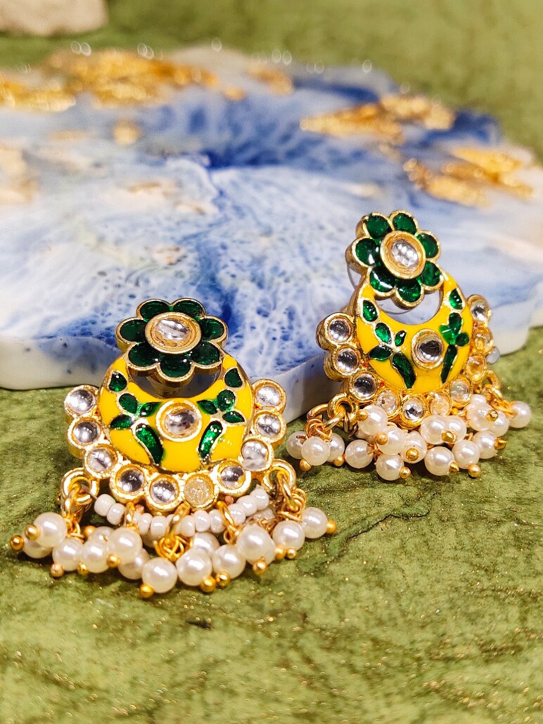 

FEMMIBELLA Gold-Plated Meenakari Beaded Floral Chandbali Earrings