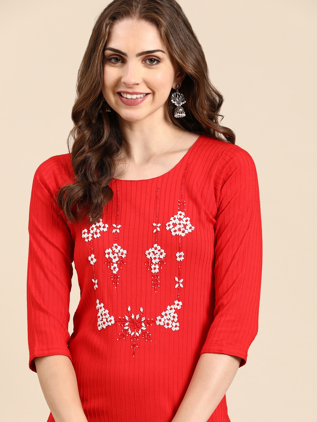 

SHOWOFF Striped Stones and Beads Detail Kurta, Red