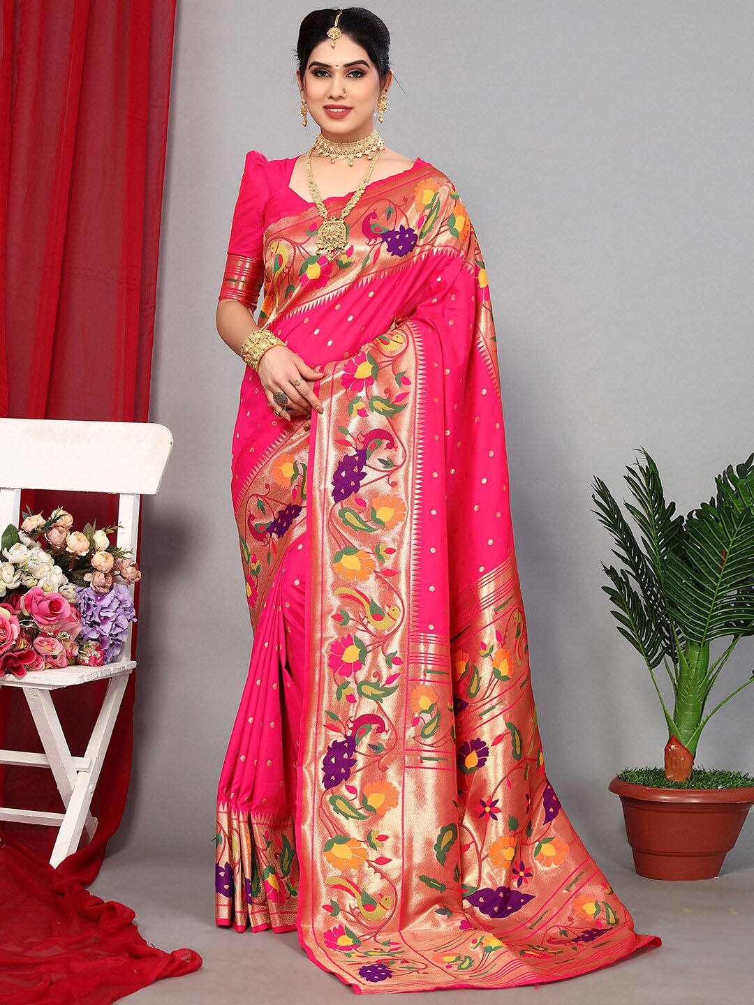 

Satrani Pink & Purple Ethnic Motifs Woven Design Zari Paithani Saree