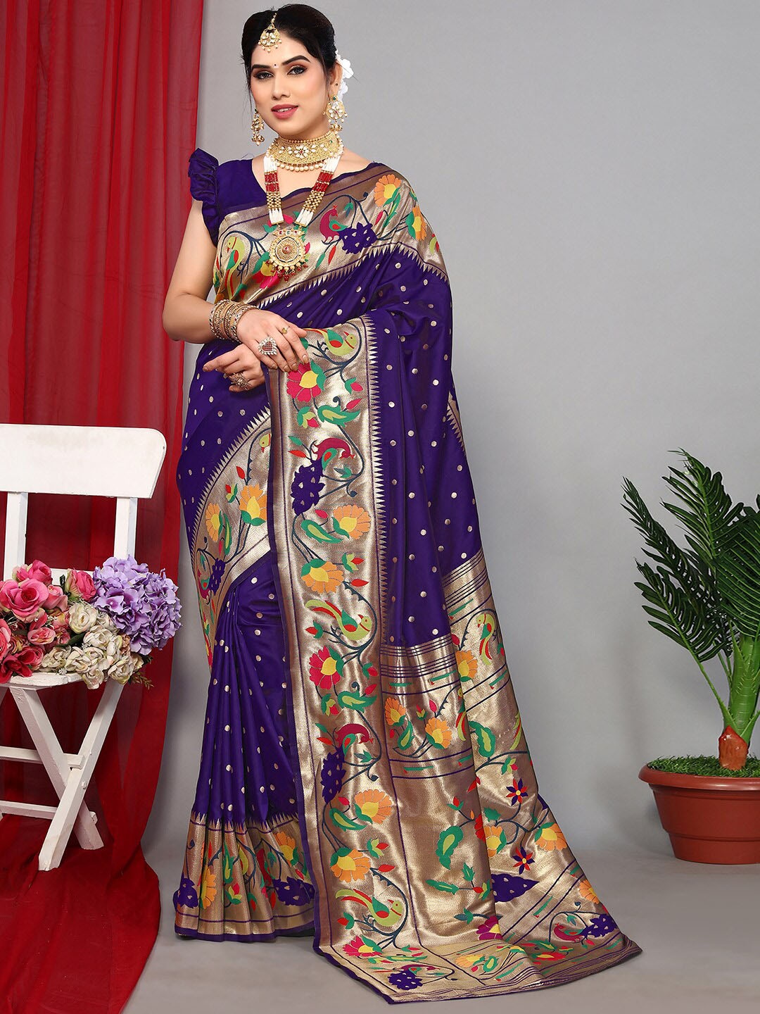 

Satrani Purple & Gold-Toned Ethnic Motifs Woven Design Zari Paithani Saree