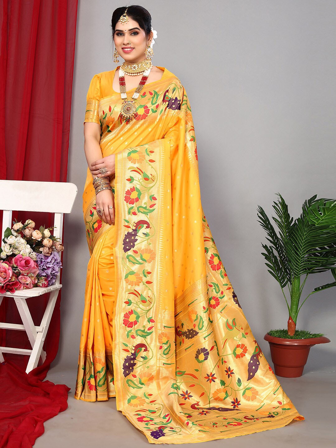 

Satrani Yellow & Green Floral Jacquard Woven Design Zari Paithani Saree