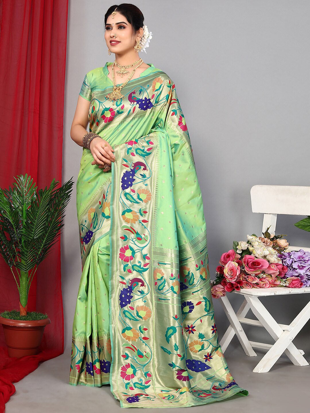 

Satrani Green & Blue Ethnic Motifs Woven Design Zari Paithani Saree