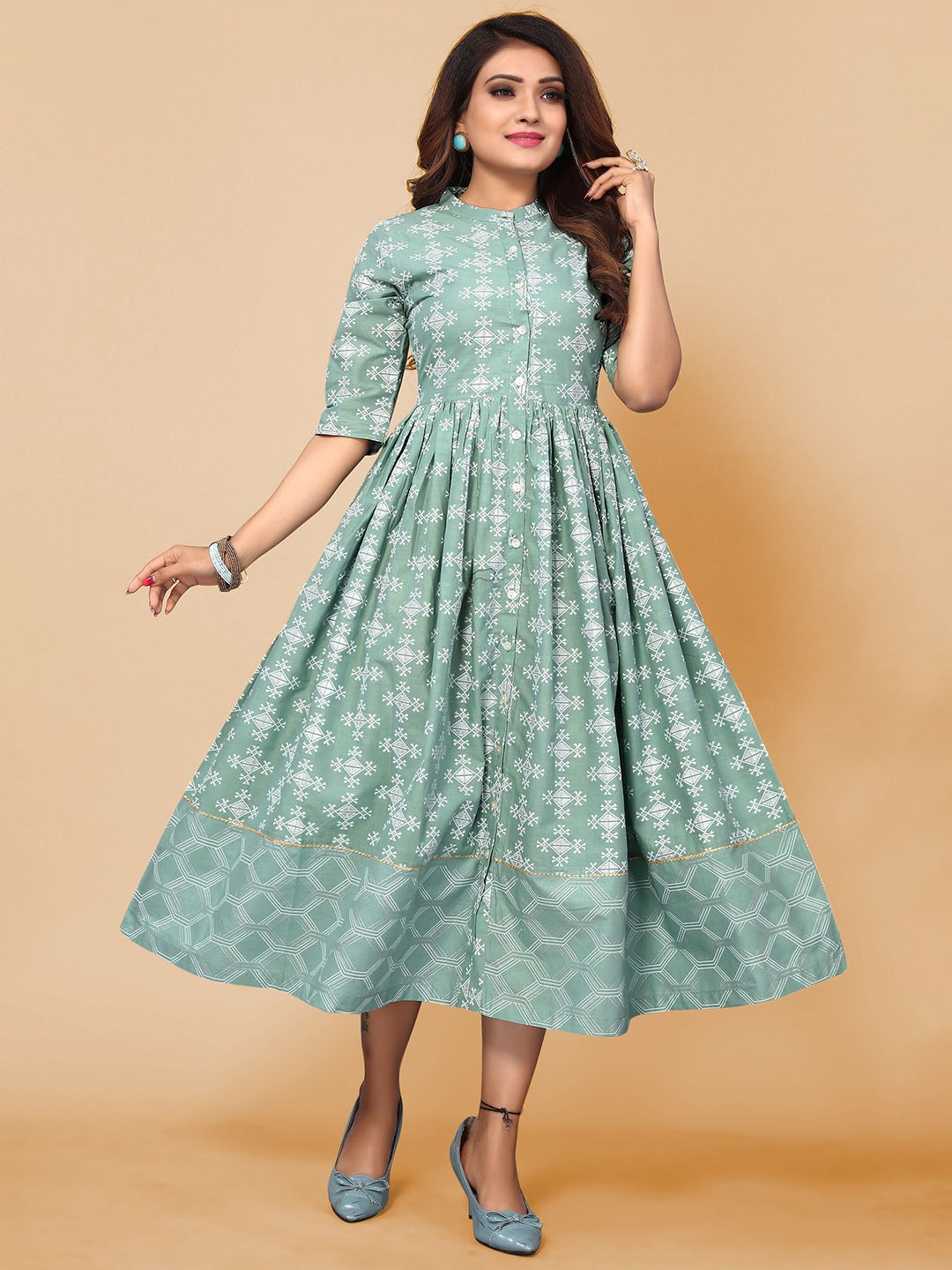 

KALINI Ethnic Motif Printed Cotton Fit & Flare Midi Dress, Green