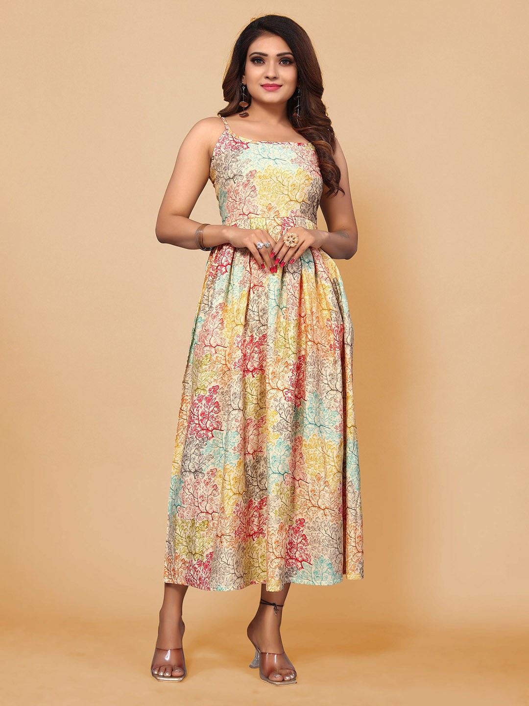 

KALINI Floral Printed Shoulder Strap Fit & Flare Maxi Dress, Beige