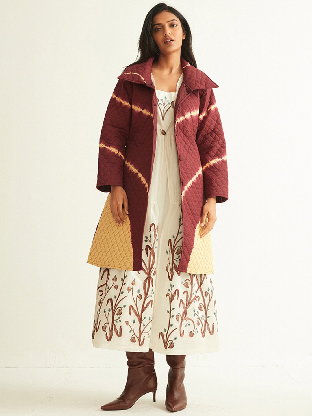 

Ancestry Tie And Dye Lightweight Longline Quilted Jacket, Maroon