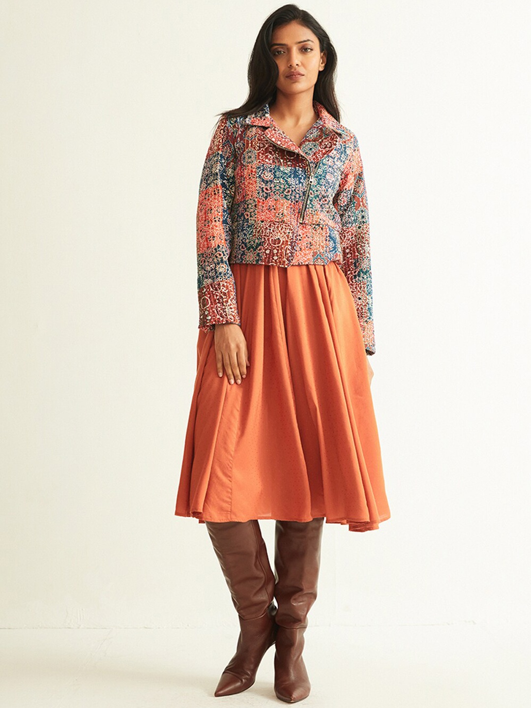 

Ancestry Ethnic Printed Lightweight Tailored Jacket with Embroidered, Rust