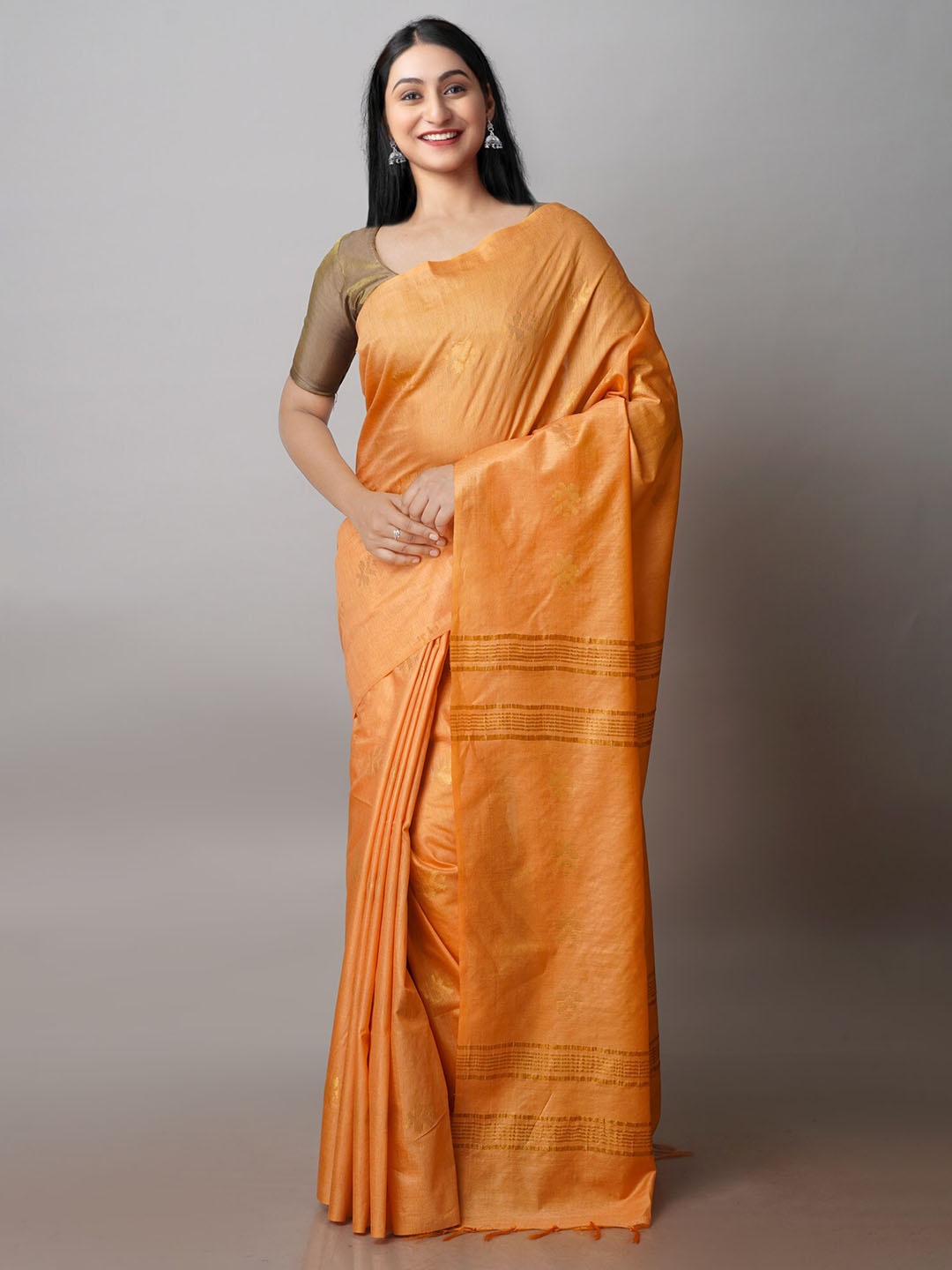 

Unnati Silks Ethnic Motifs Woven Design Zari Silk Cotton Chanderi Saree, Orange