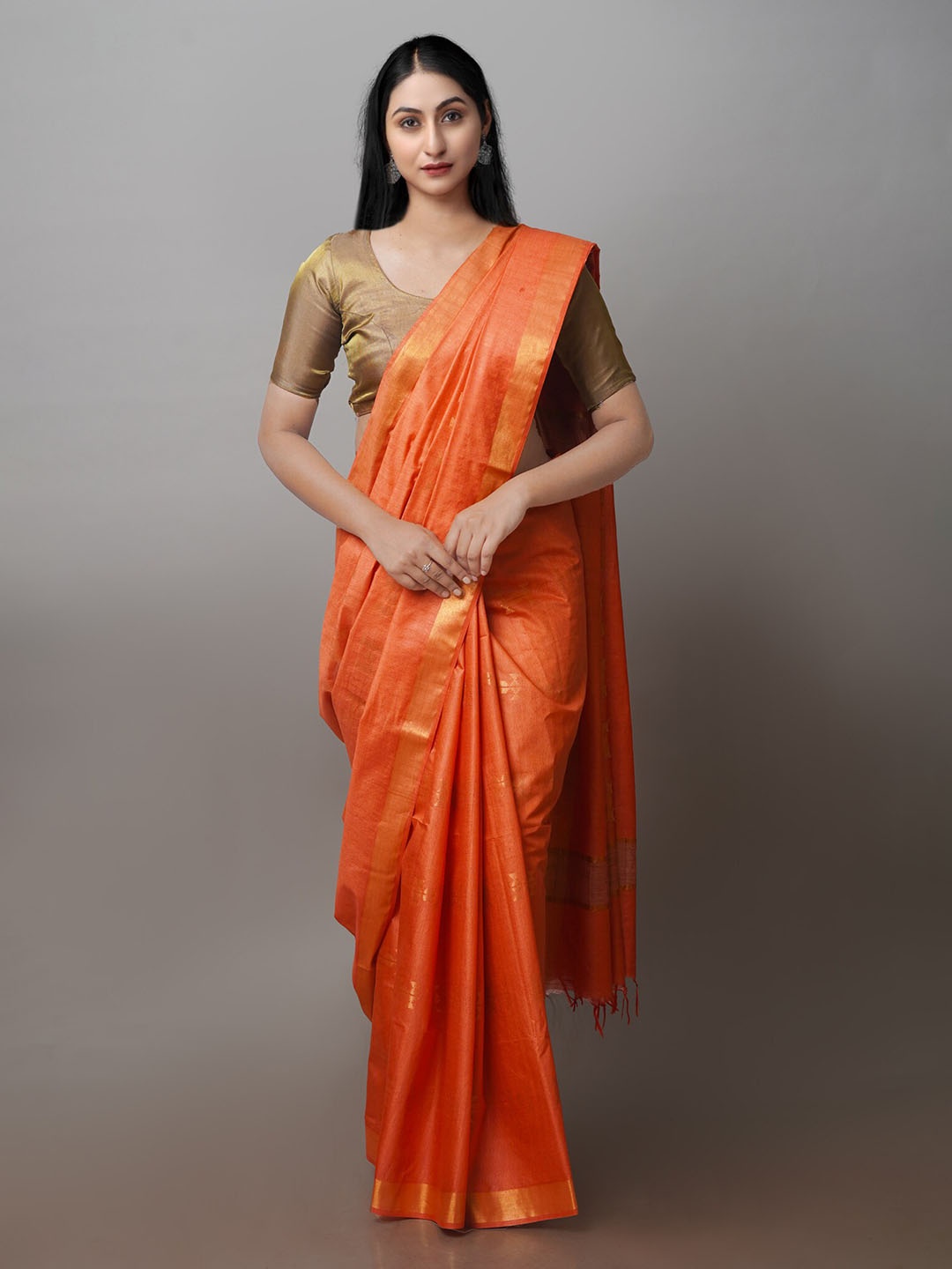 

Unnati Silks Ethnic Motifs Woven Design Zari Silk Cotton Chanderi Saree, Orange