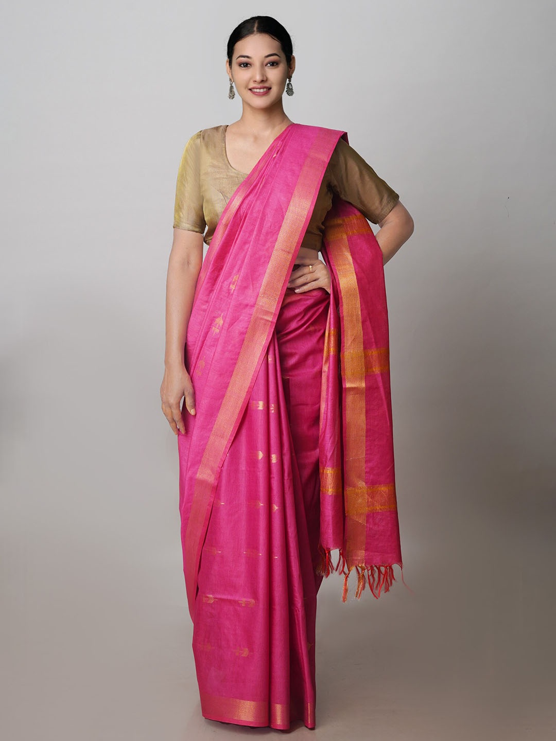 

Unnati Silks Ethnic Motifs Woven Design Zari Silk Cotton Chanderi Saree, Pink