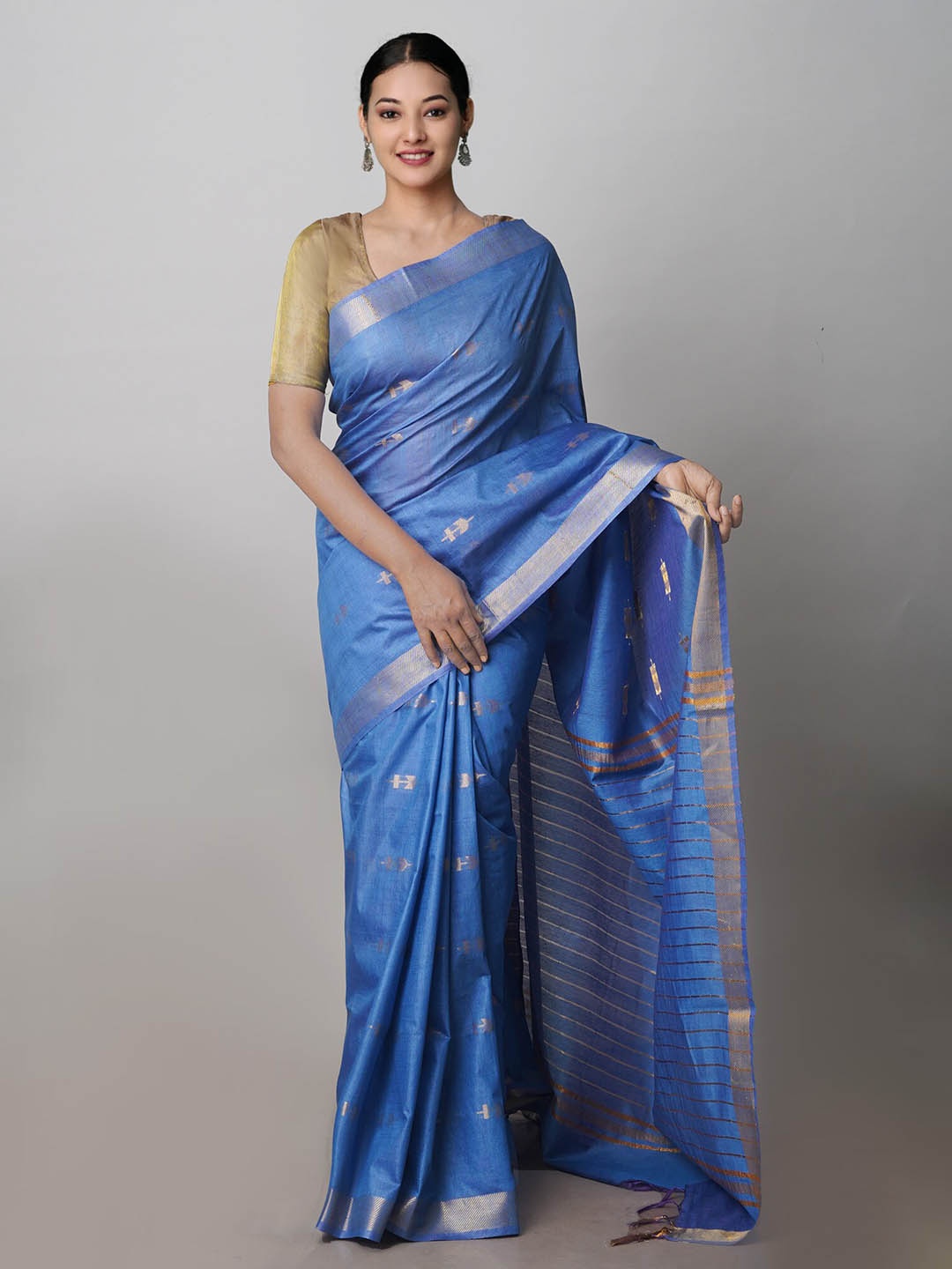 

Unnati Silks Ethnic Motifs Woven Design Zari Silk Cotton Chanderi Saree, Blue