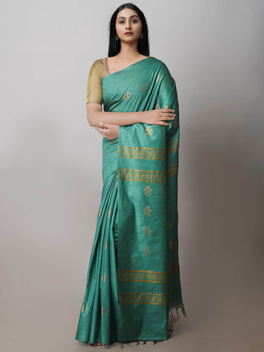 

Unnati Silks Ethnic Motif Woven Design Silk Cotton Chanderi Saree, Green