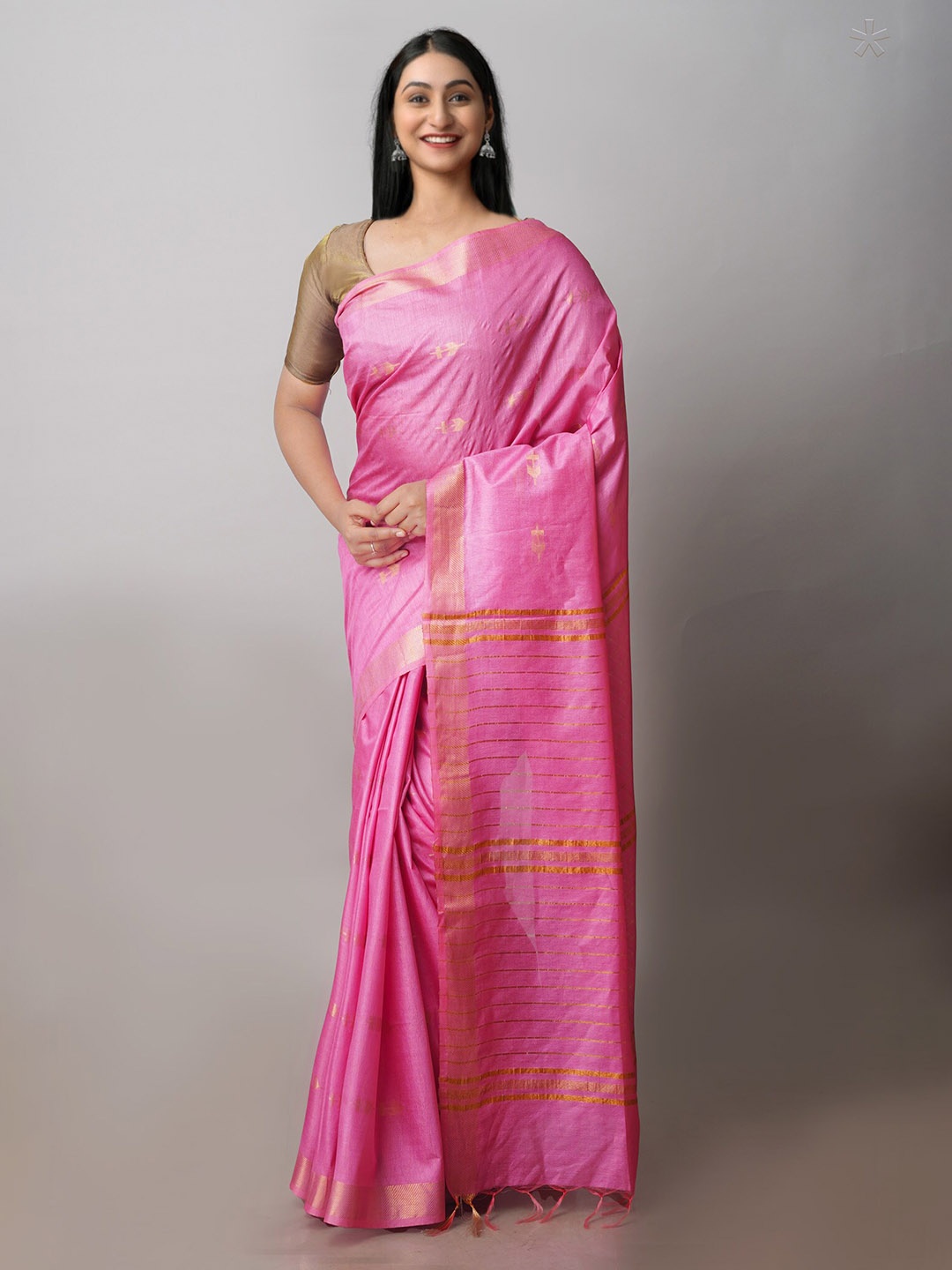 

Unnati Silks Ethnic Motifs Woven Design Zari Silk Cotton Chanderi Saree, Pink