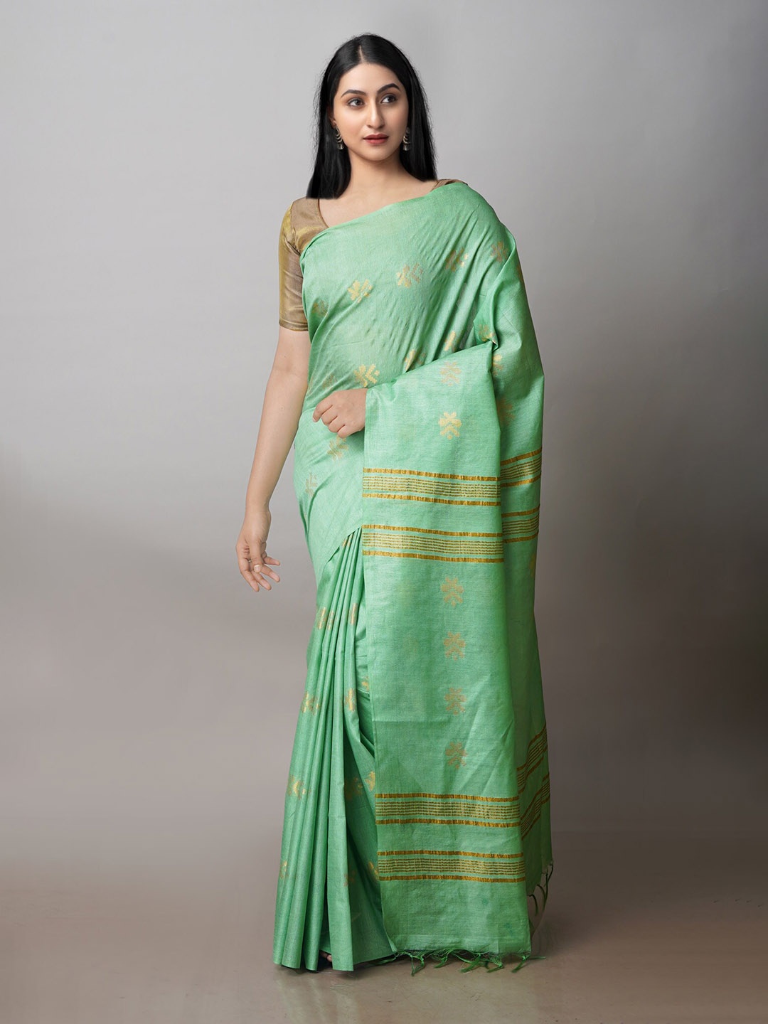 

Unnati Silks Ethnic Motifs Woven Design Zari Silk Cotton Chanderi Saree, Green