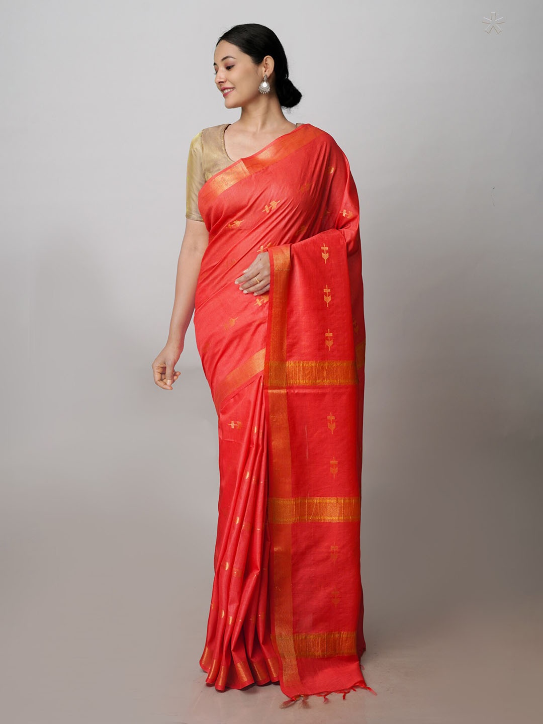 

Unnati Silks Ethnic Motifs Woven Design Zari Silk Cotton Chanderi Saree, Orange