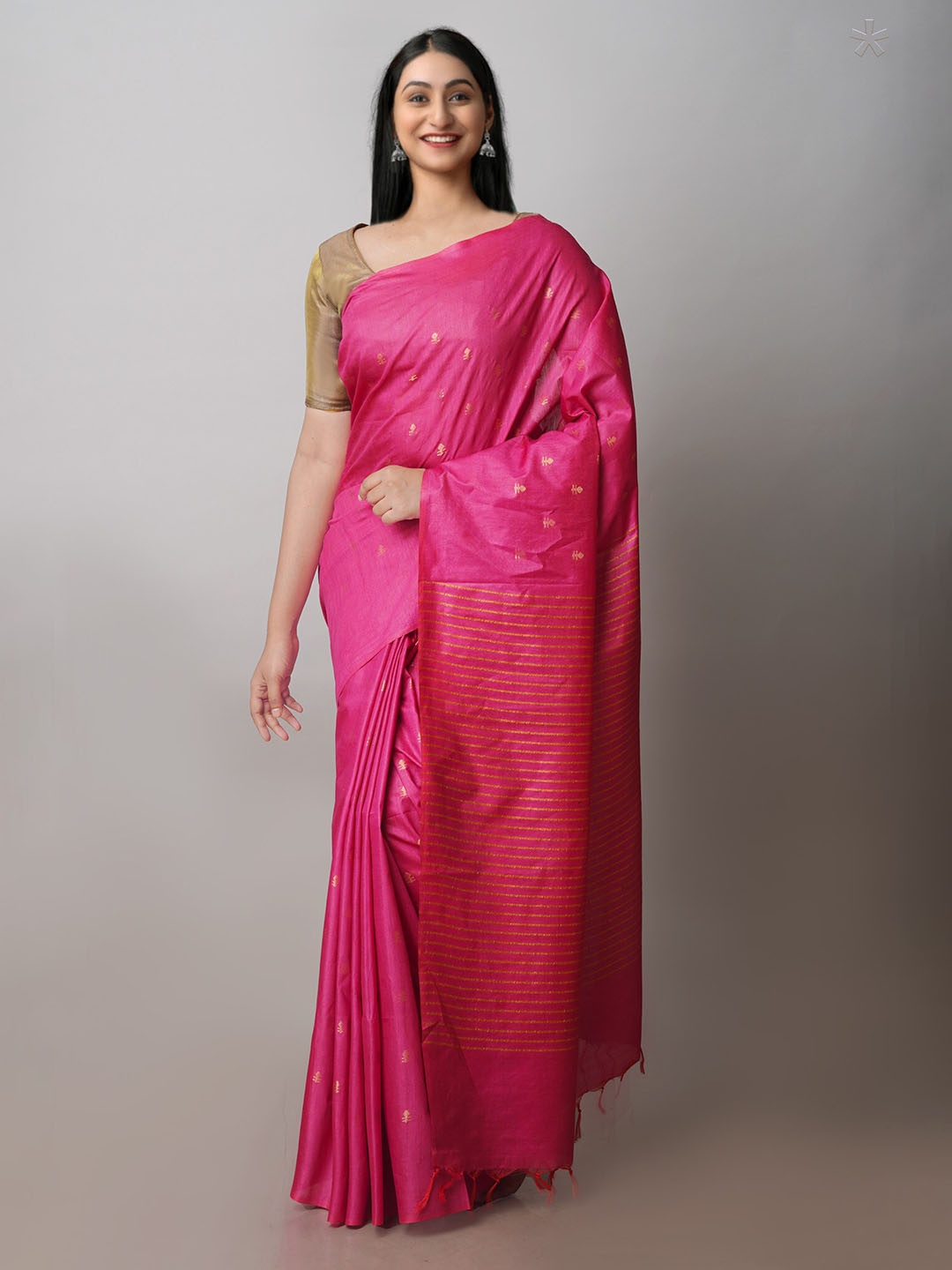 

Unnati Silks Ethnic Motifs Woven Design Zari Silk Cotton Chanderi Saree, Pink