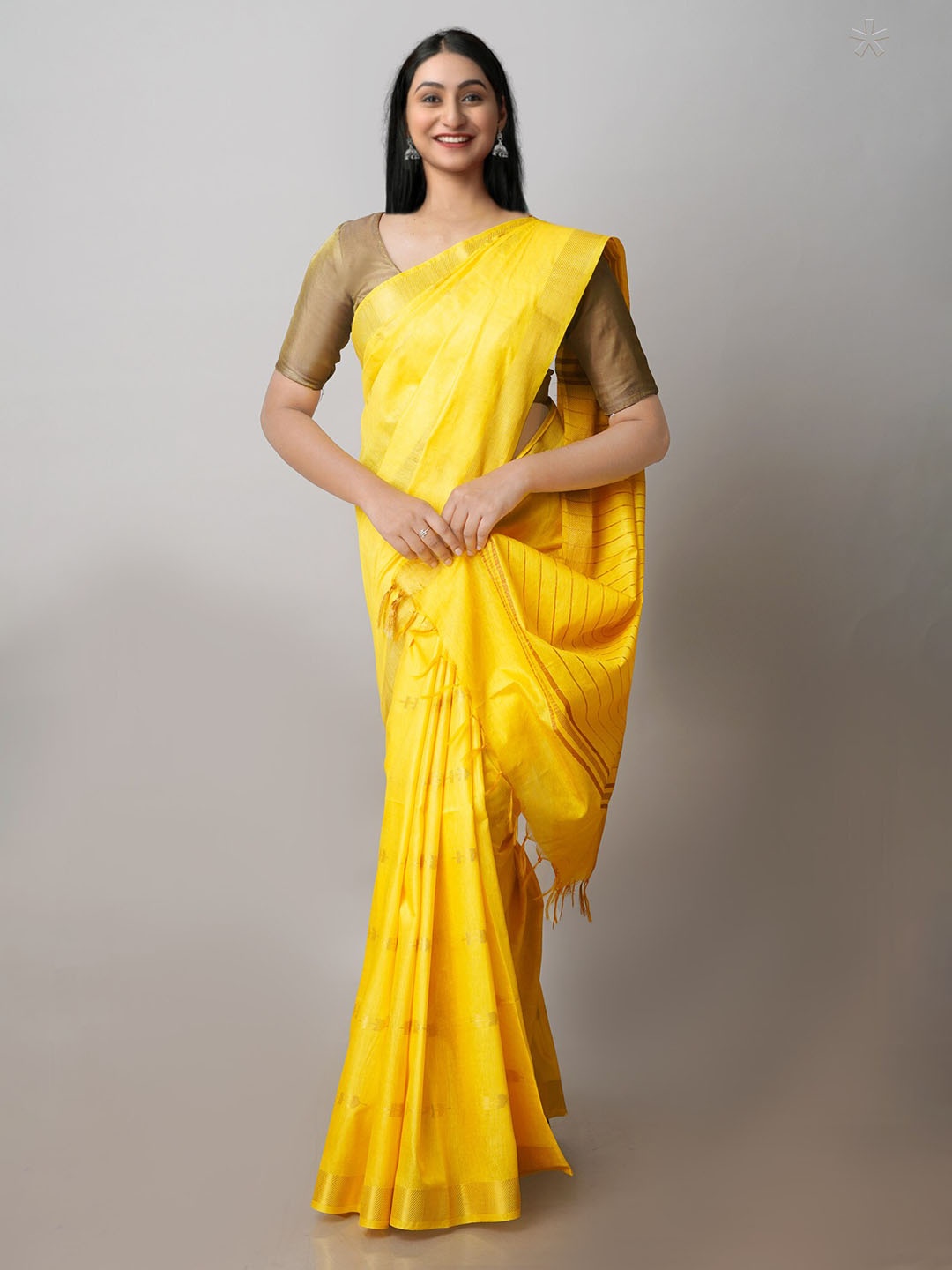 

Unnati Silks Ethnic Motifs Woven Design Zari Silk Cotton Chanderi Saree, Yellow