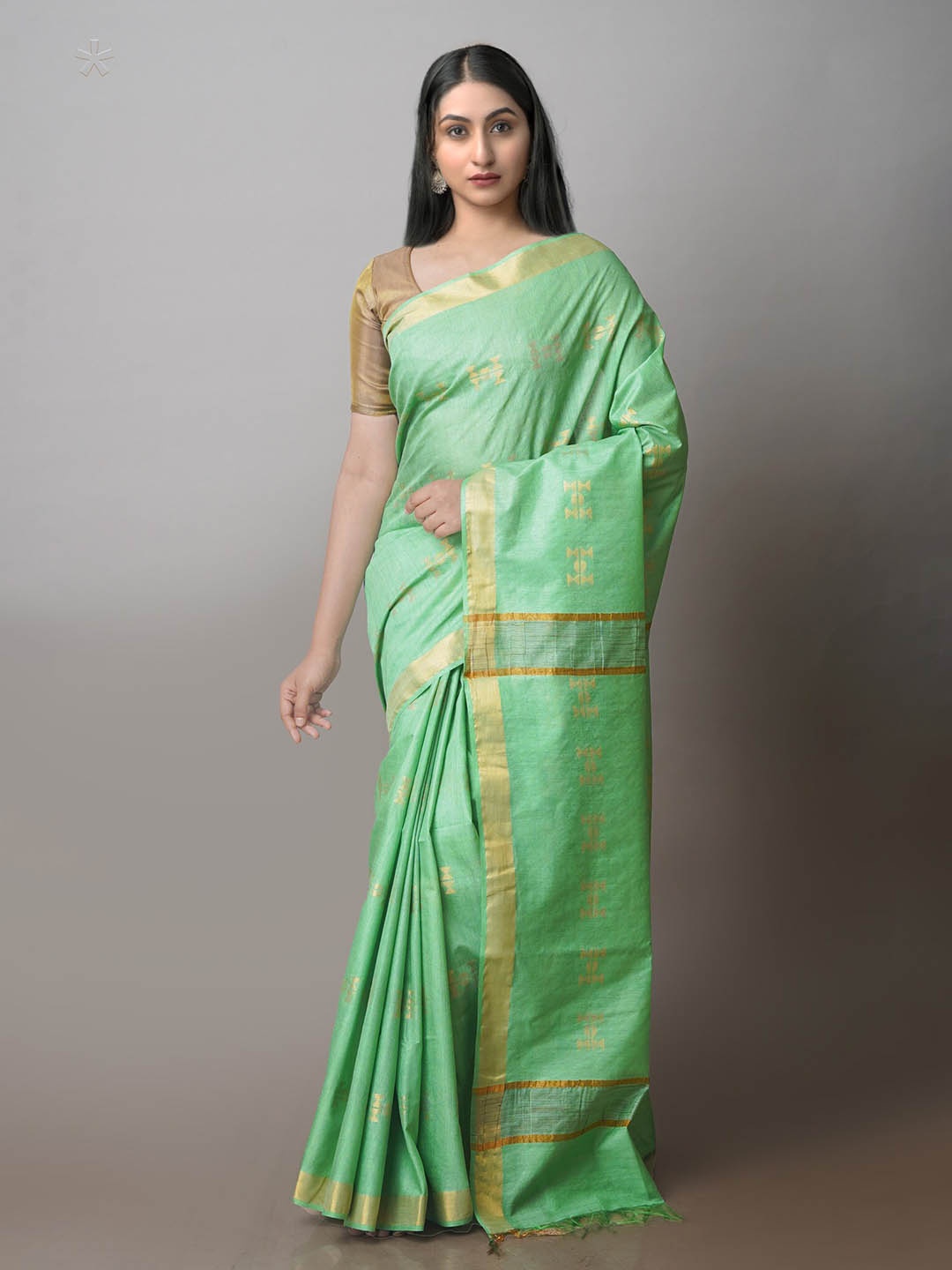 

Unnati Silks Ethnic Motifs Woven Design Zari Silk Cotton Chanderi Saree, Green