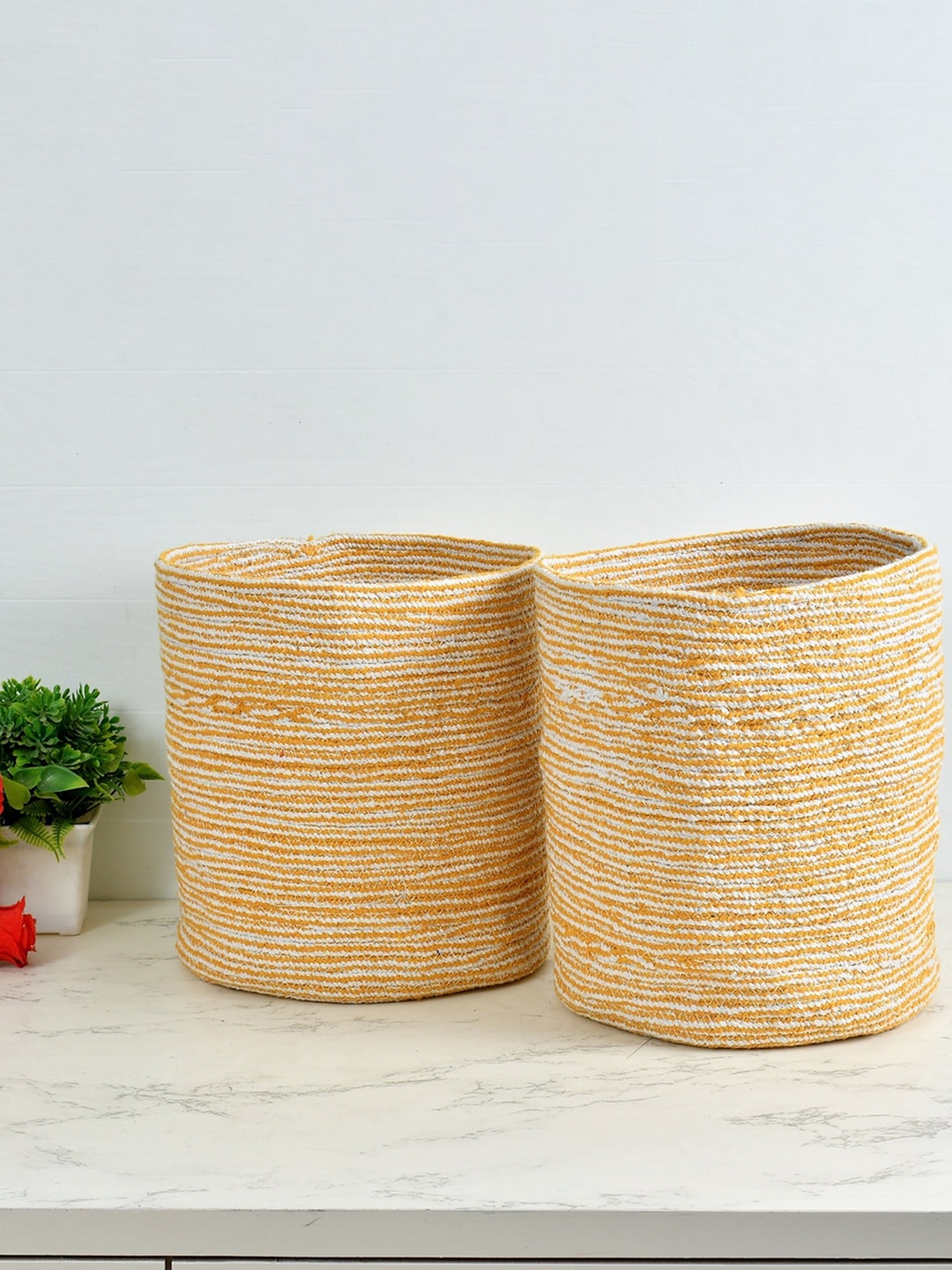 

Homefab India Yellow & White 2 Pieces Braided Woven Cotton Planter Baskets