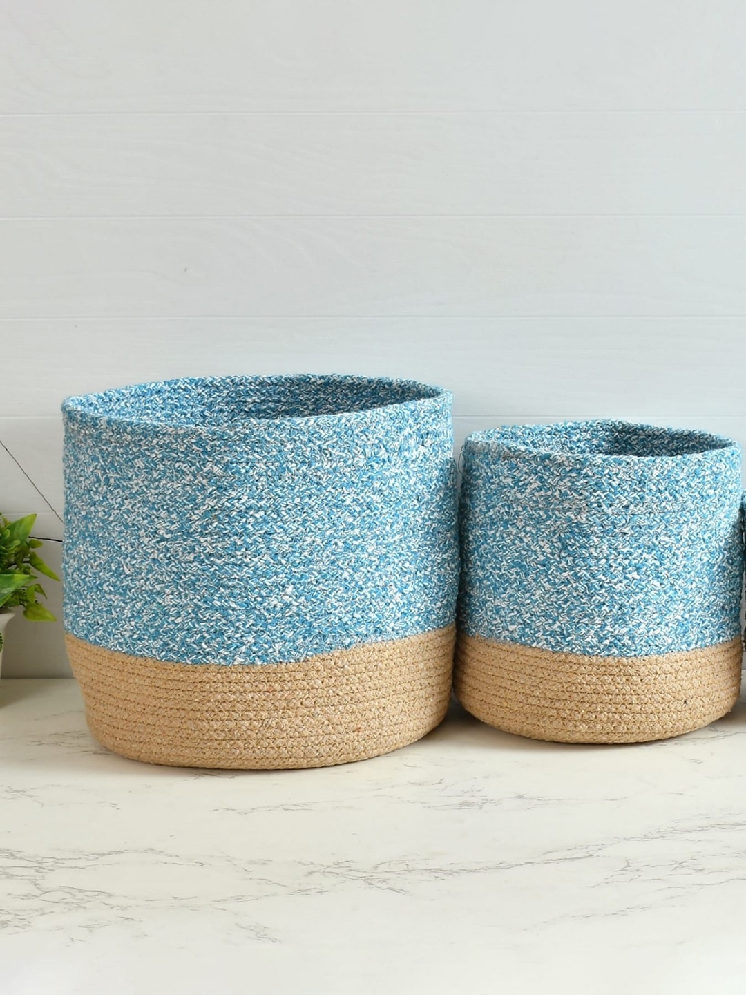 

Homefab India Turquoise Blue & White 2 Pieces Braided Woven Cotton Planter Baskets