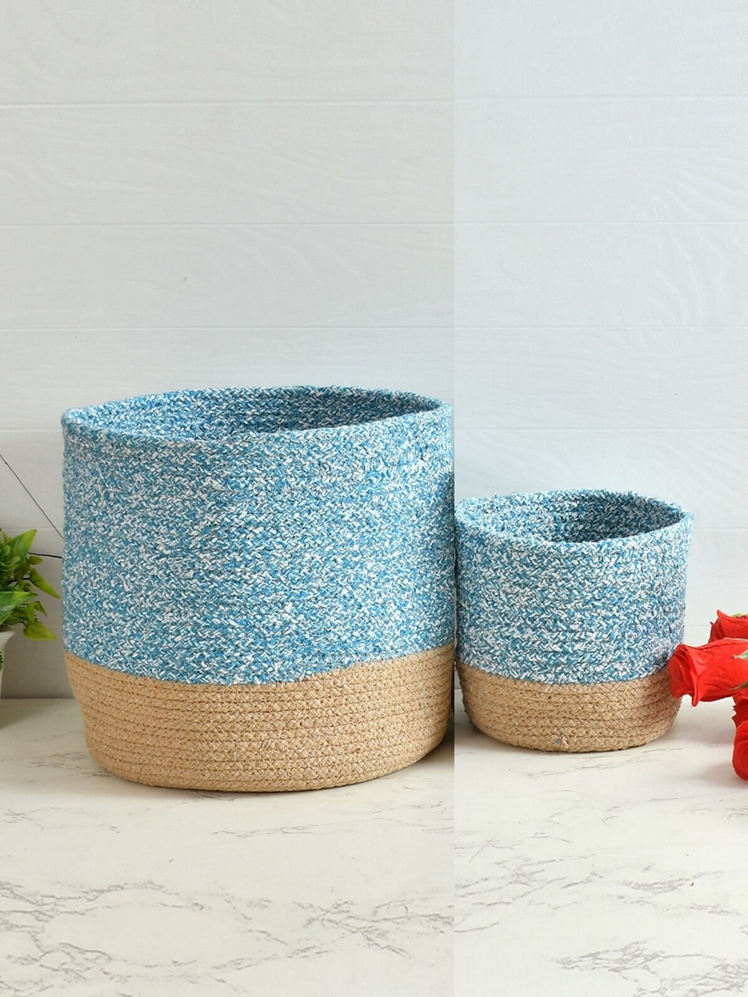 

Homefab India Turquoise Blue & Brown 2 Pieces Woven Cotton Planters