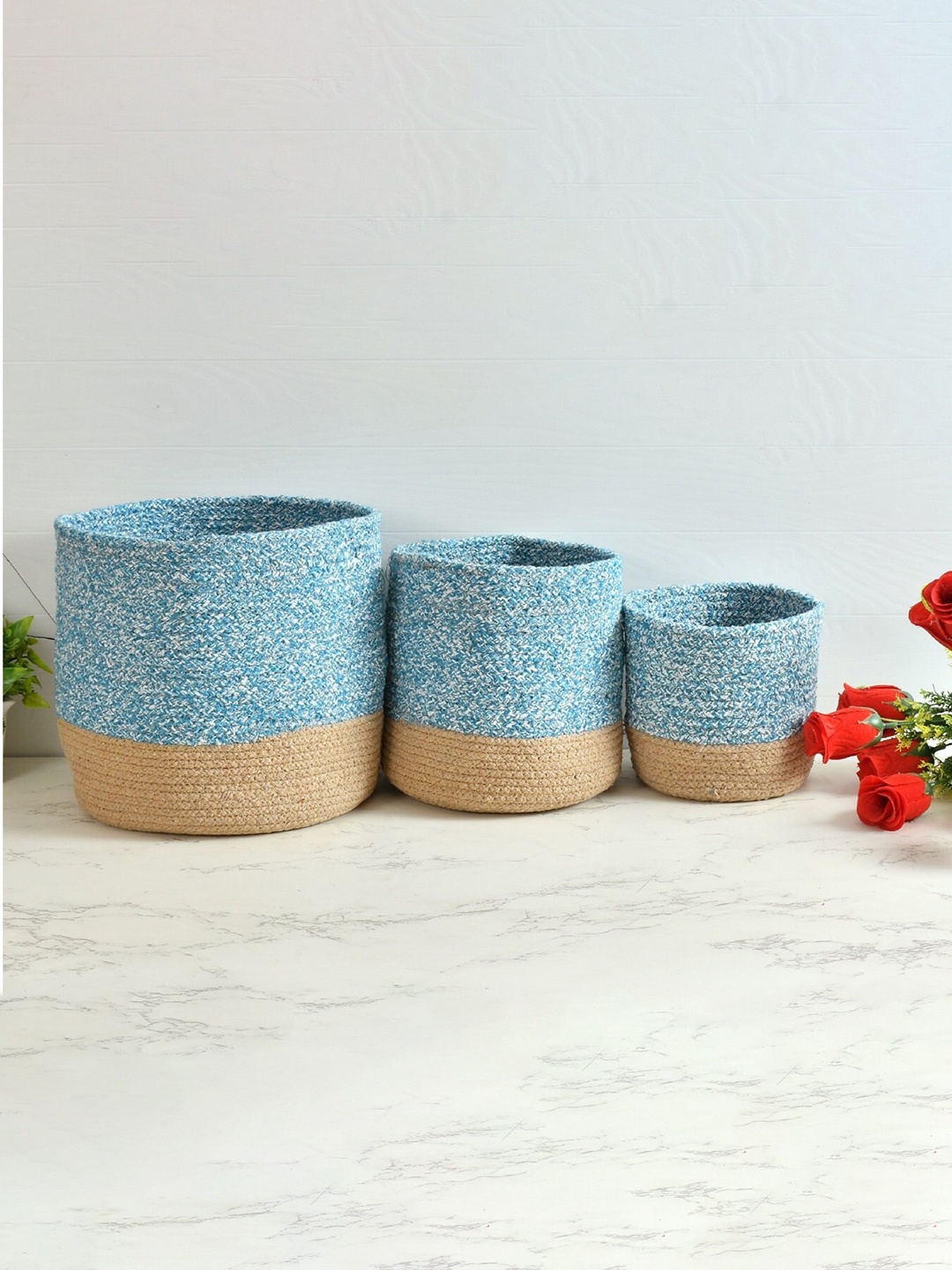 

Homefab India Turquoise blue & Brown 3 Pieces Braided Woven Cotton Planter Baskets