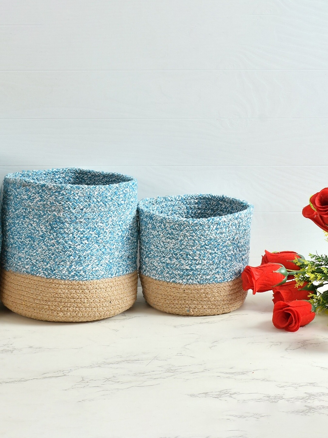 

Homefab India Turquoise Blue & White 2 Pieces Braided Woven Cotton Planter Baskets