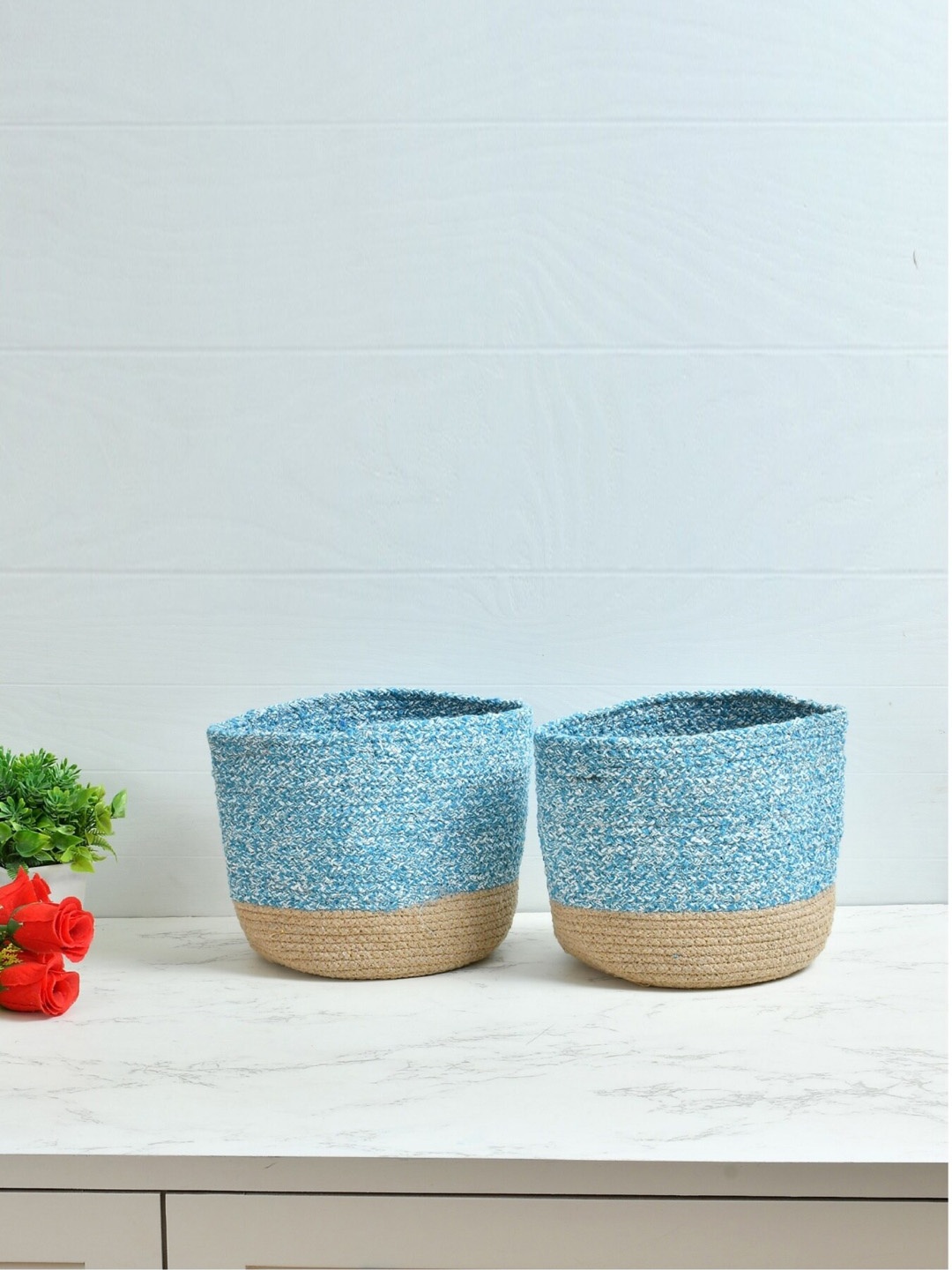 

Homefab India Turquoise Blue & Beige 2 Pieces Braided Woven Cotton Planter Baskets