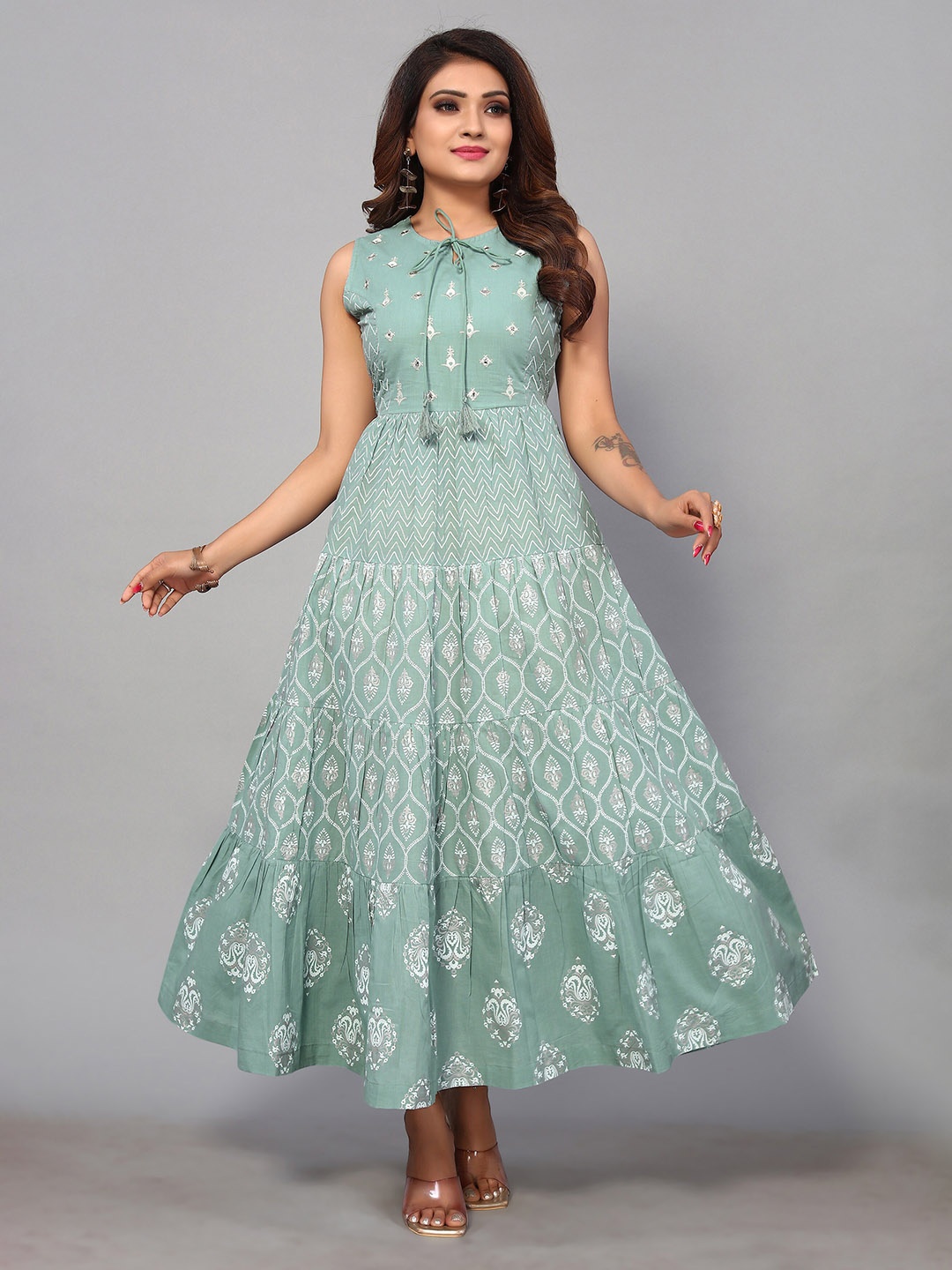 

Nimayaa Tie Up Neck Ethnic Motifs Printed Embroidered Tiered Pure Cotton Fit & Flare Dress, Sea green