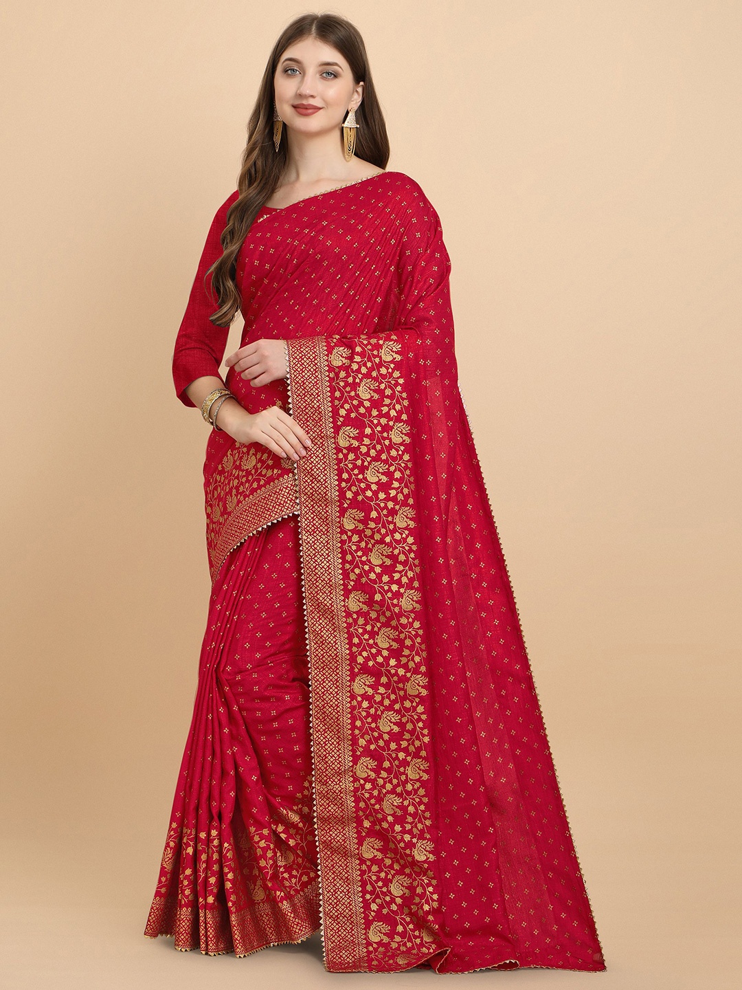 

Nimidiya Ethnic Motifs Printed Zari Pure Silk Saree, Red