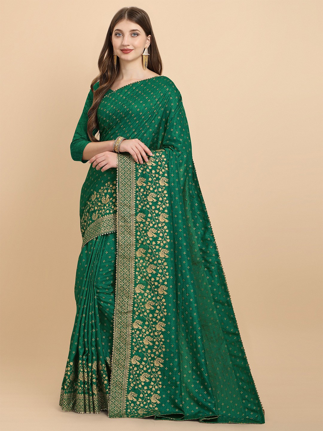 

Nimidiya Ethnic Motifs Printed Gotta Patti Detail Pure Silk Saree, Green