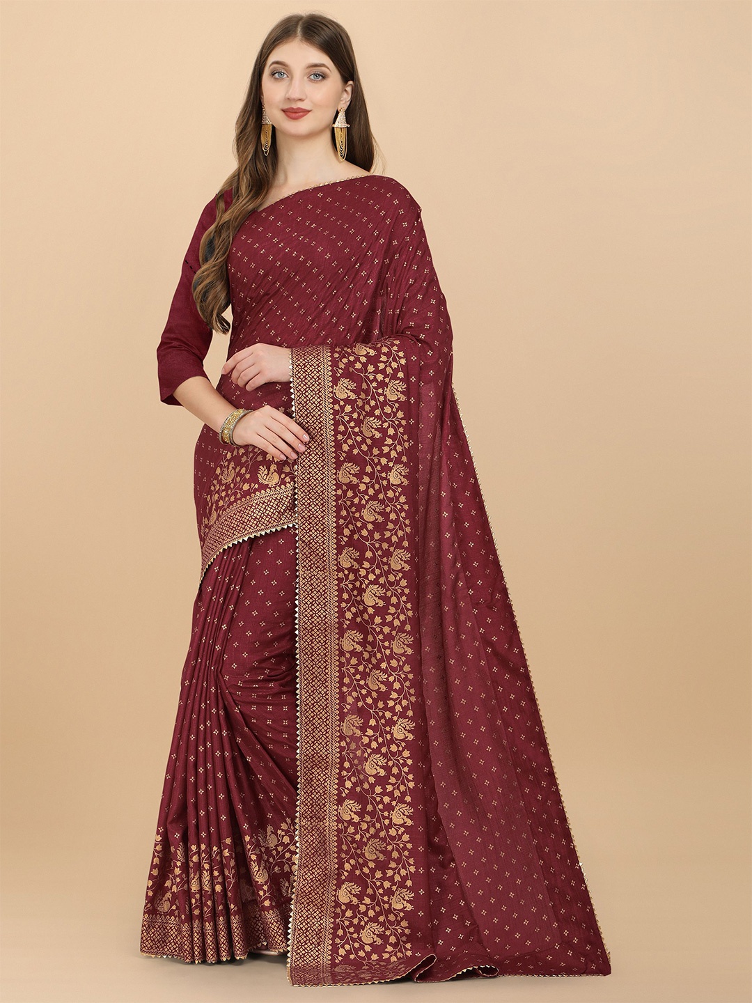

Nimidiya Ethnic Motifs Printed Gotta Patti Detail Pure Silk Saree, Maroon