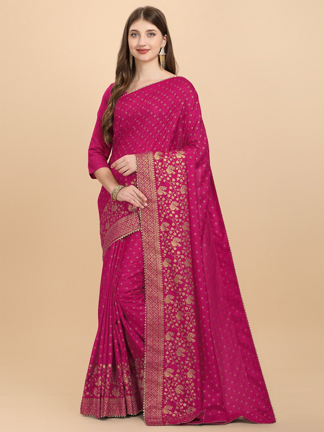 

Nimidiya Ethnic Motifs Printed Gotta Patti Detail Pure Silk Saree, Pink