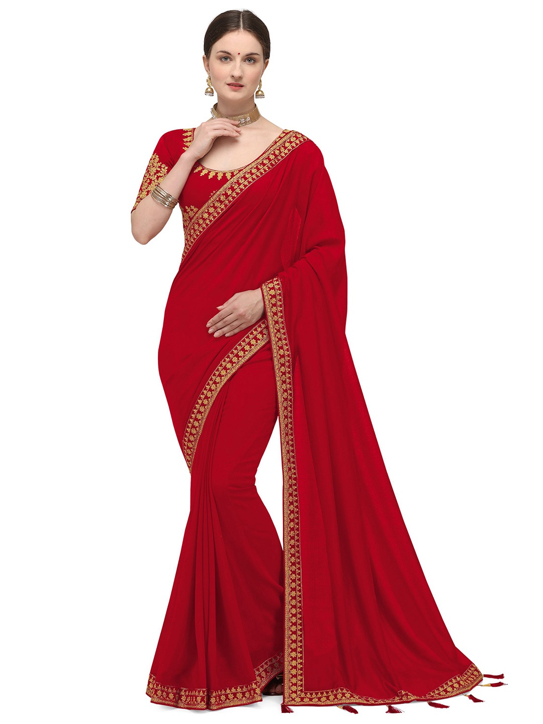 

Nimidiya Embroidered Border Pure Silk Saree, Red