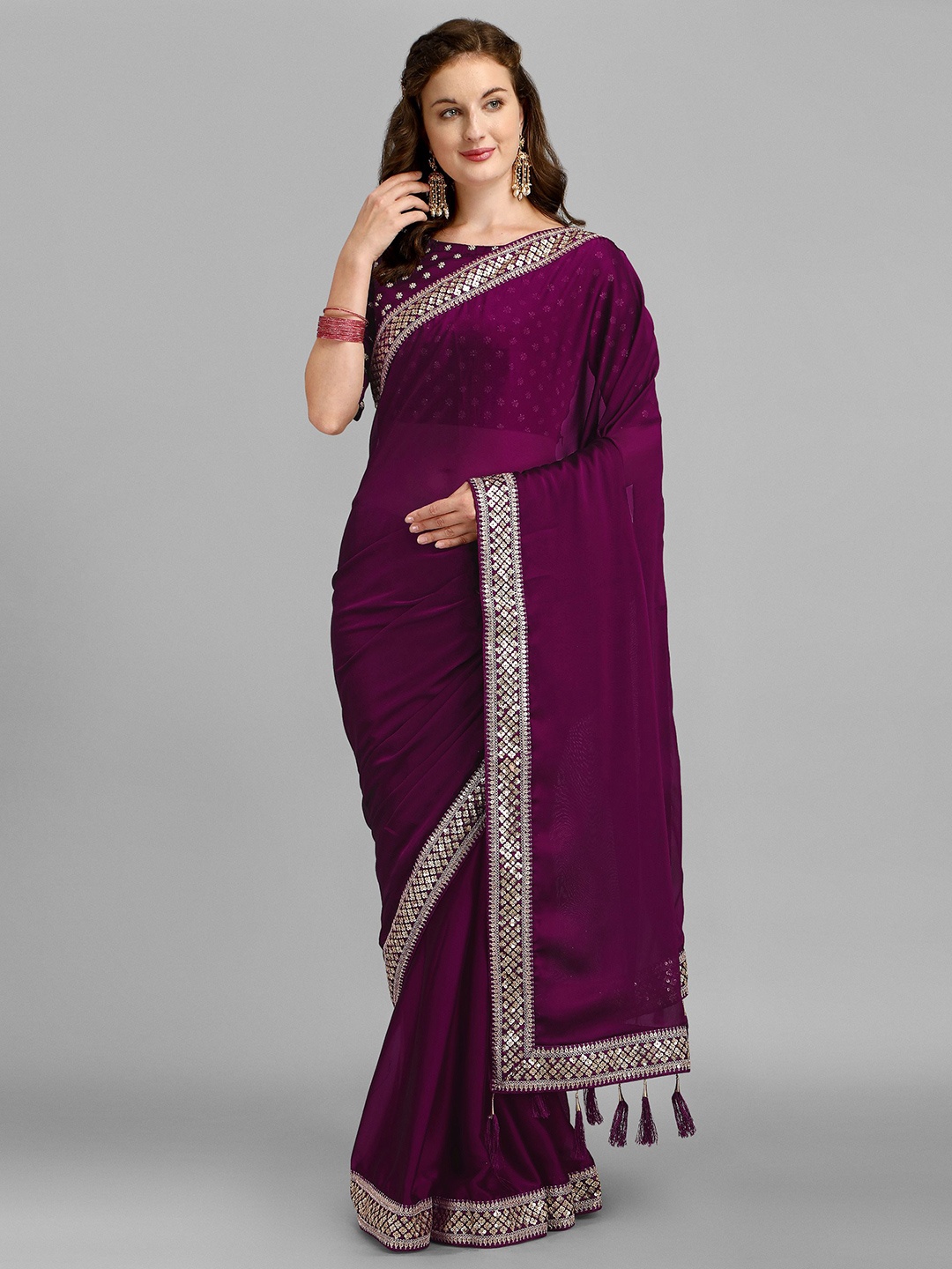 

Nimidiya Embellished Sequinned Border Pure Silk Saree, Purple