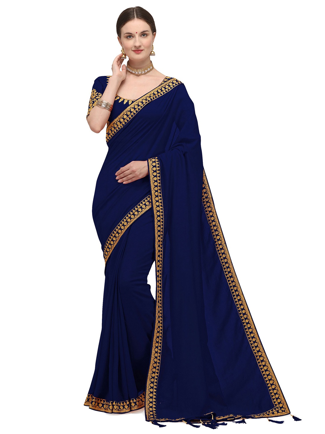 

Nimidiya Embroidered Border Pure Silk Saree, Navy blue