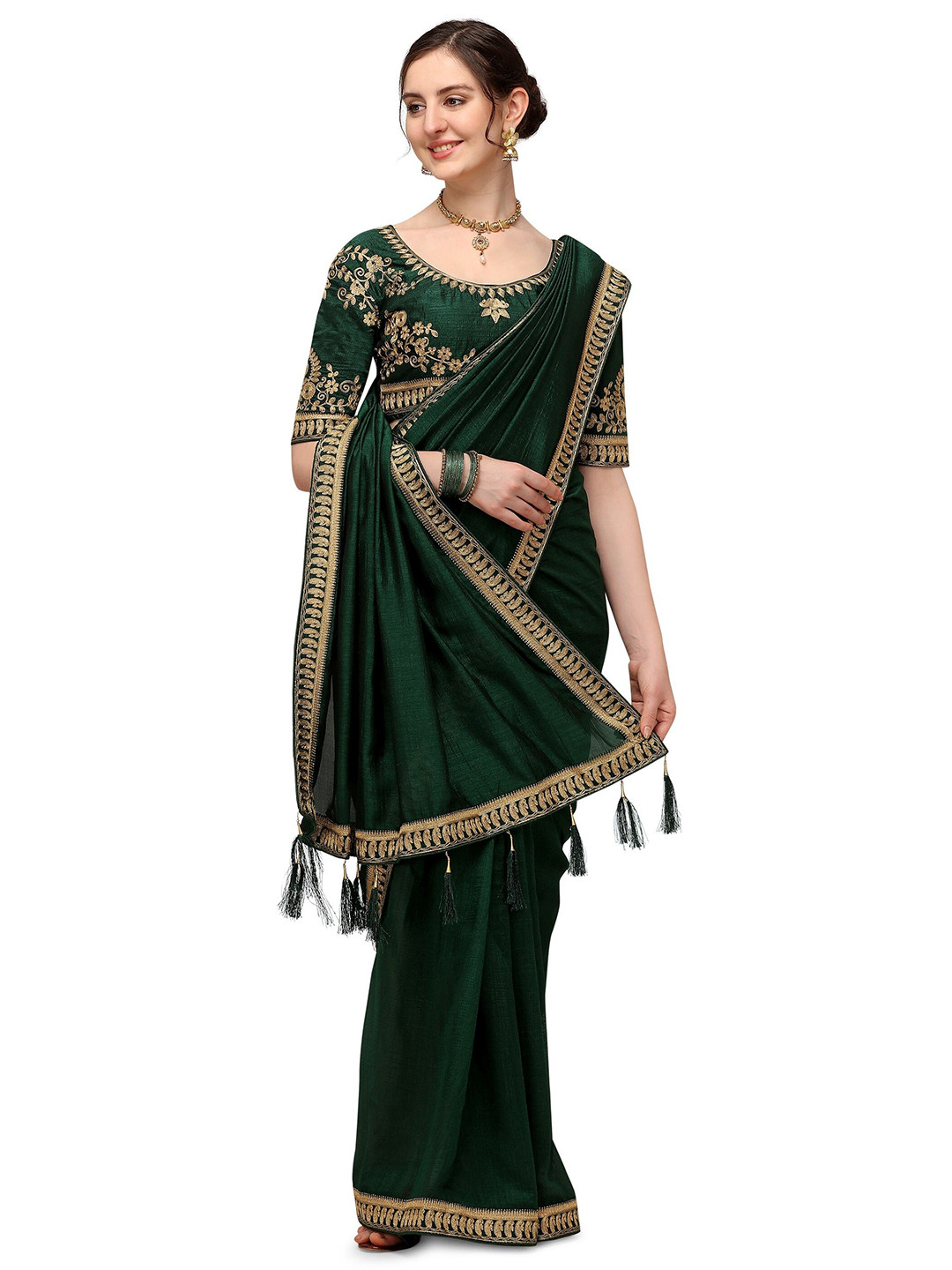 

Nimidiya Embroidered Border Pure Silk Saree, Green